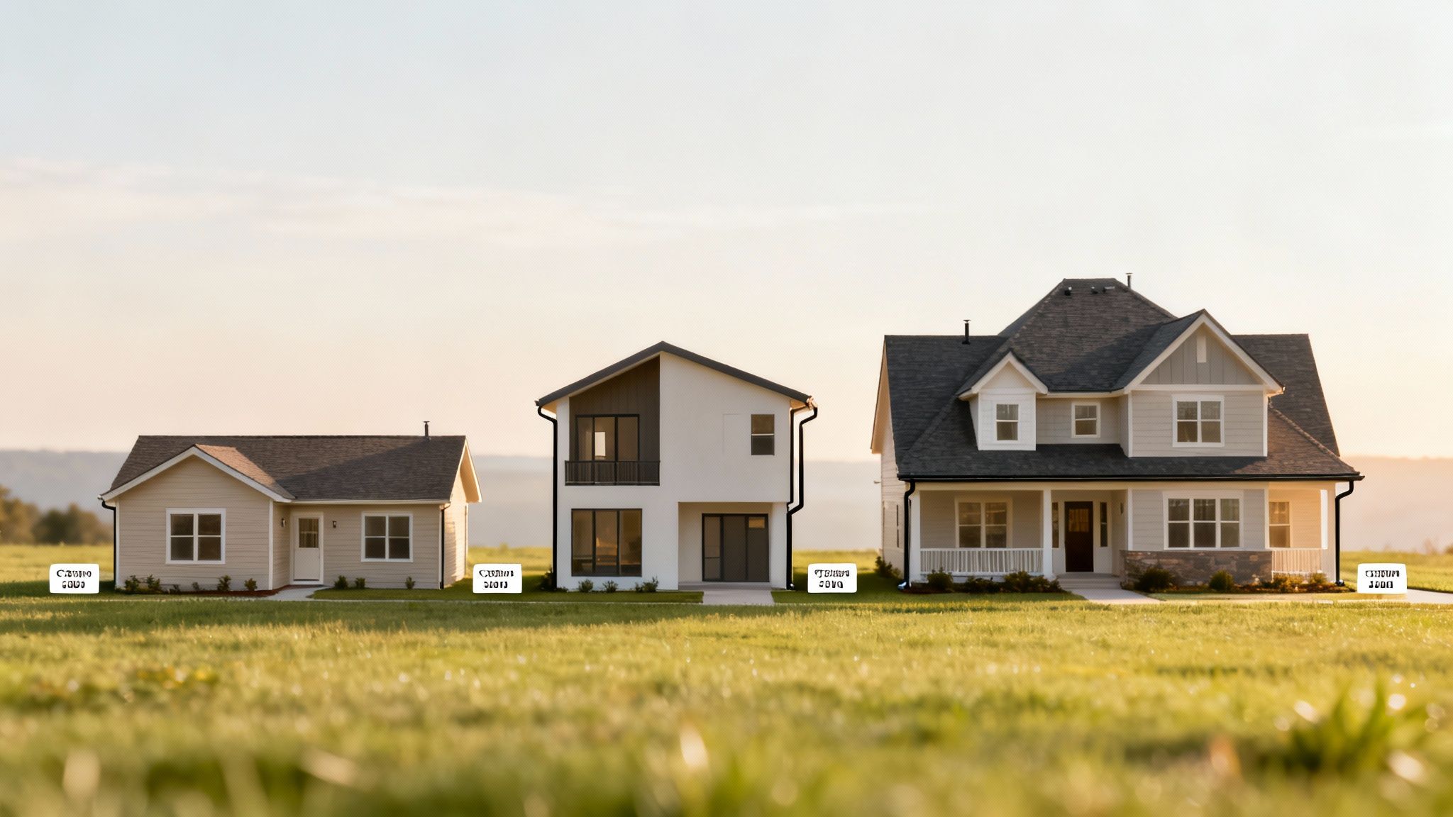 Three distinct houses, varying in size, stand in a grassy field under a gentle sunset sky.