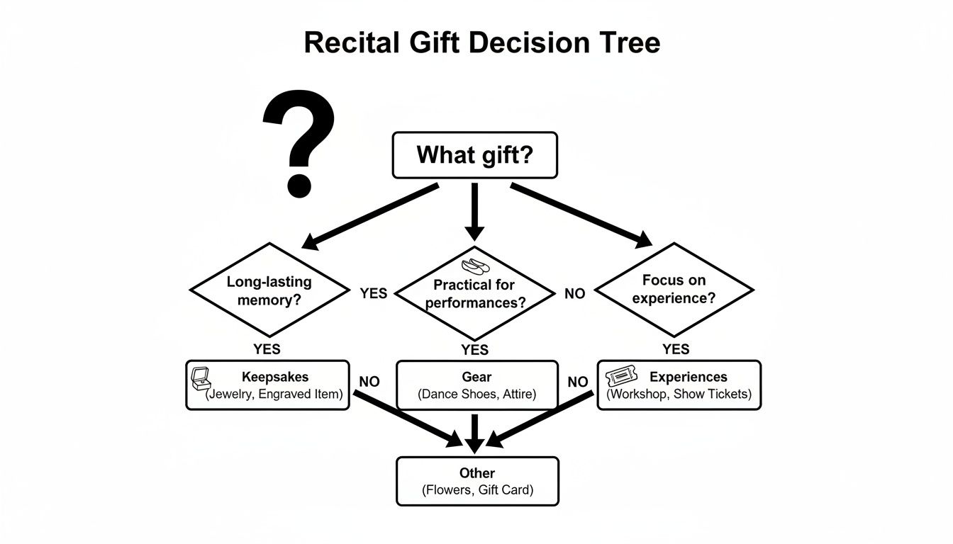 A flowchart titled 'Recital Gift Decision Tree' guiding gift choices based on memory, practicality, or experience.
