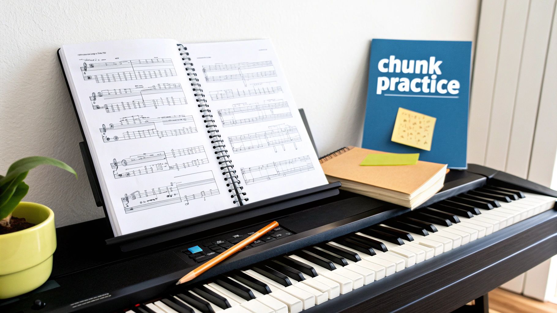 Close-up of a digital piano with open sheet music, a pencil, and a blue 'chunk practice' book.