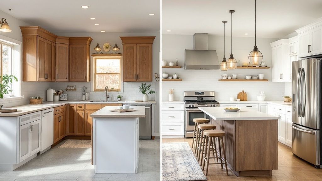 A homeowner and a contractor shaking hands over a finished countertop in a newly remodeled kitchen.