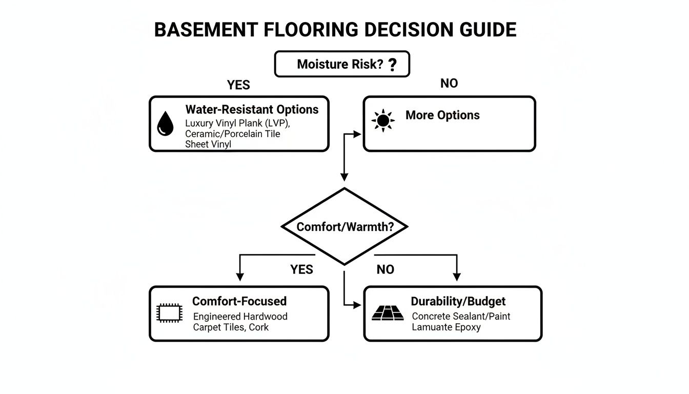 A basement flooring decision guide flowchart, outlining options based on moisture risk, comfort, and budget.