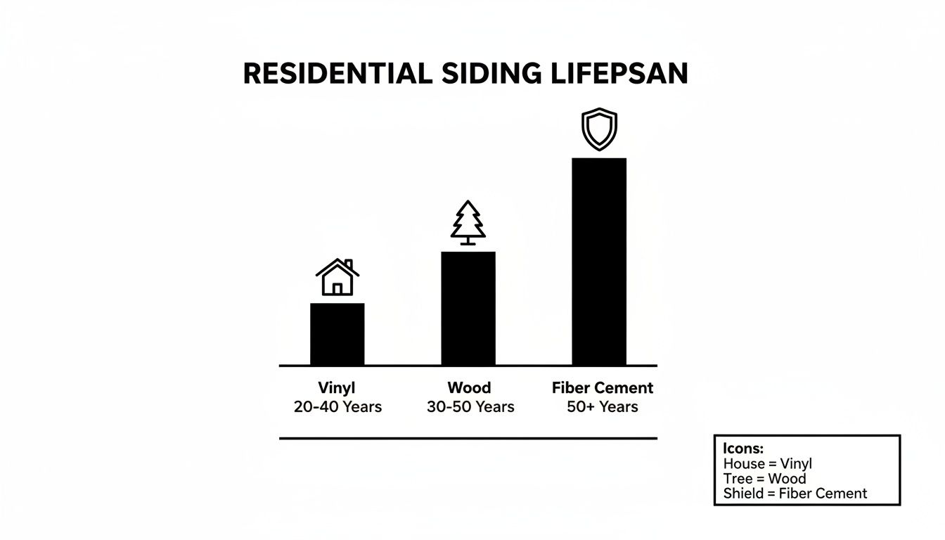 Bar chart showing residential siding lifespan: Vinyl 20-40, Wood 30-50, Fiber Cement 50+ years.