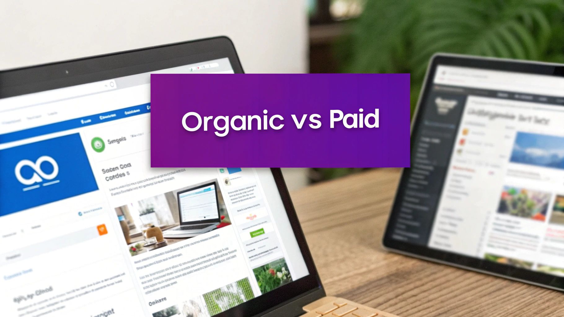 A digital marketing professional analyzing search performance data on a laptop, comparing organic and paid results.