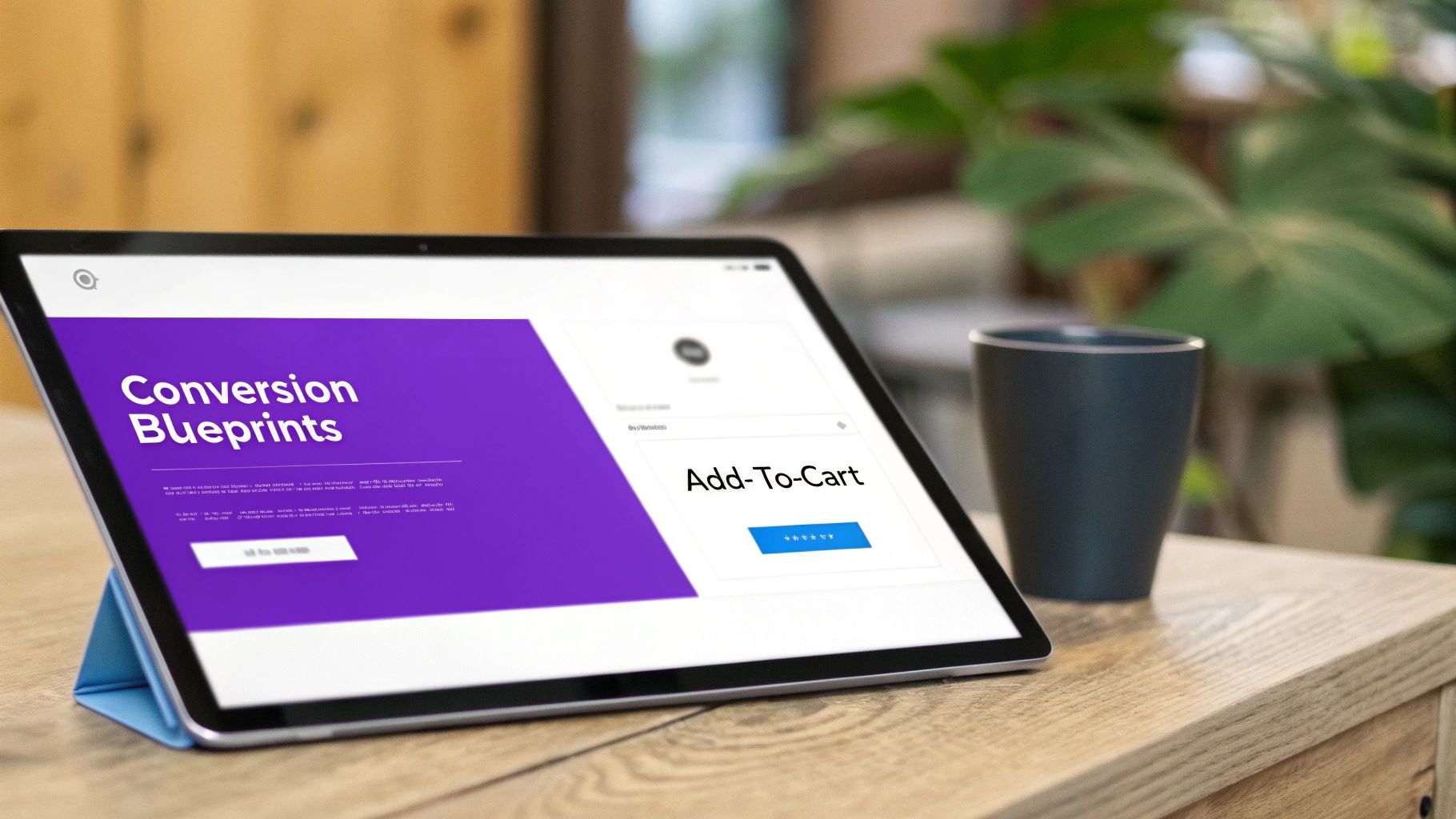 A tablet on a wooden table displays a digital marketing page titled 'Conversion Blueprints' with 'Add-To-Cart' section.