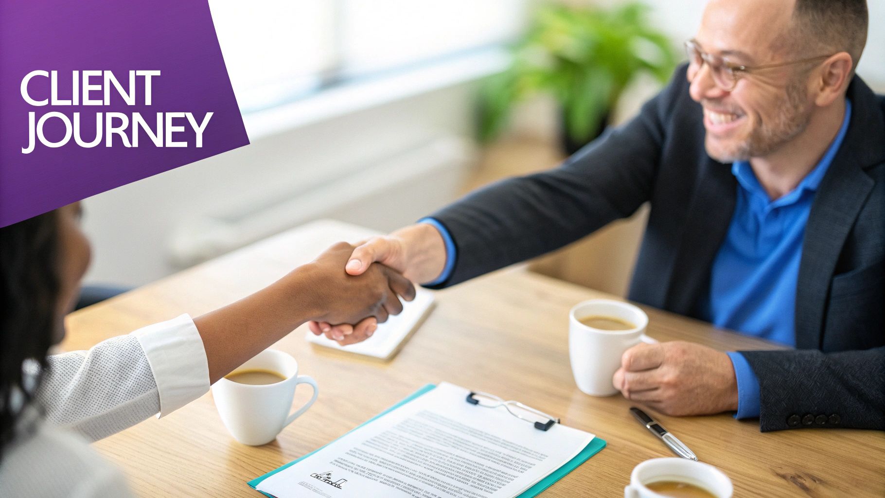 Two business professionals shaking hands over a table with documents and coffee cups, symbolizing a client journey.