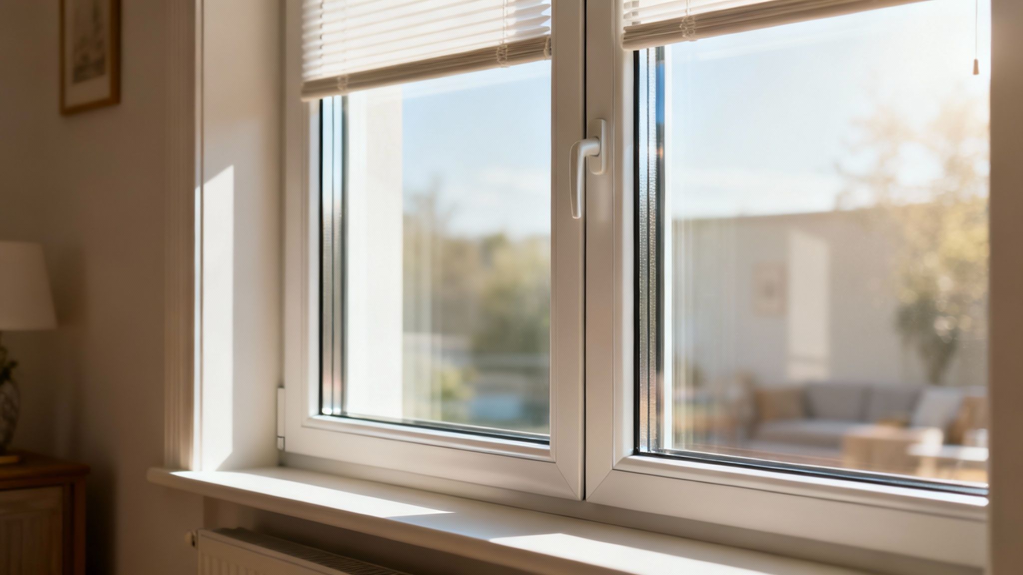 Sunlight streams through a modern white window with blinds, illuminating a bright home interior.