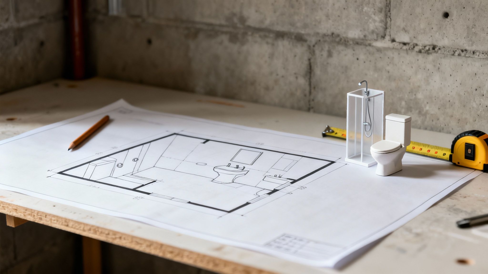 A bathroom blueprint with miniature toilet and shower models, pencil, and measuring tapes on a workbench.