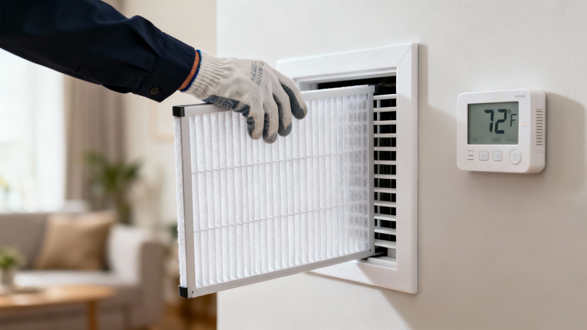 Gloved hand replacing a clean air filter in a wall vent next to a digital thermostat.