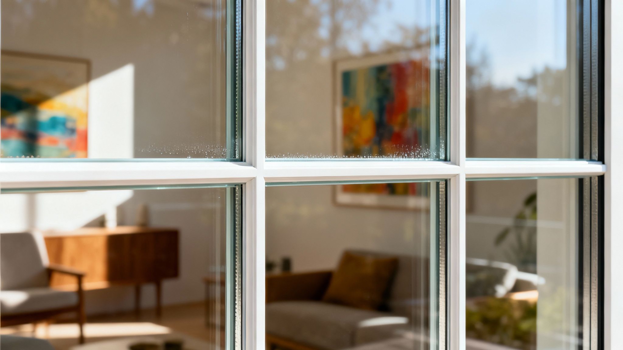 Close-up of white-framed windows showing condensation on the glass panes, blurring the indoor living space.