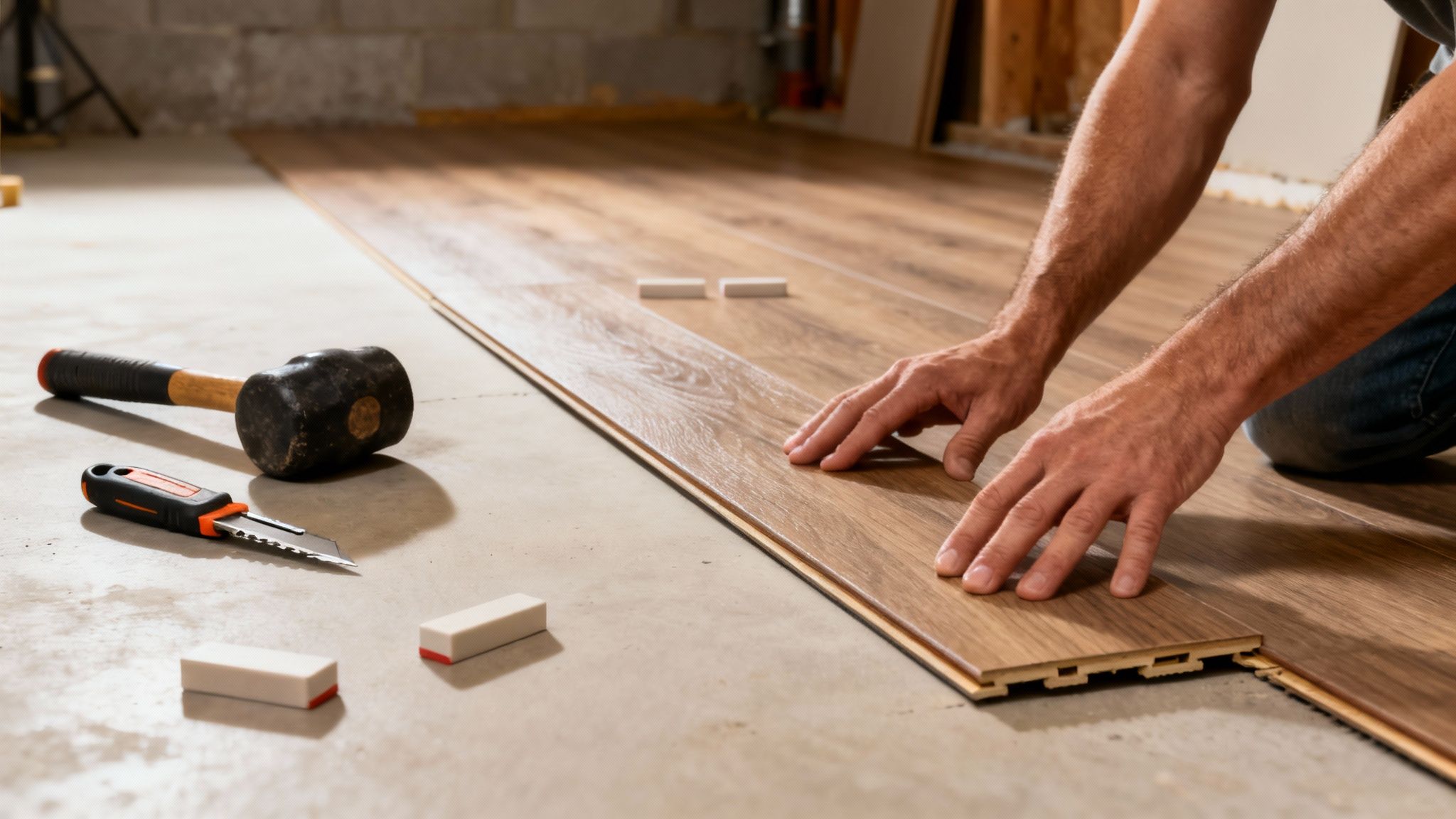 A person framing a basement wall with wood studs and a nail gun.