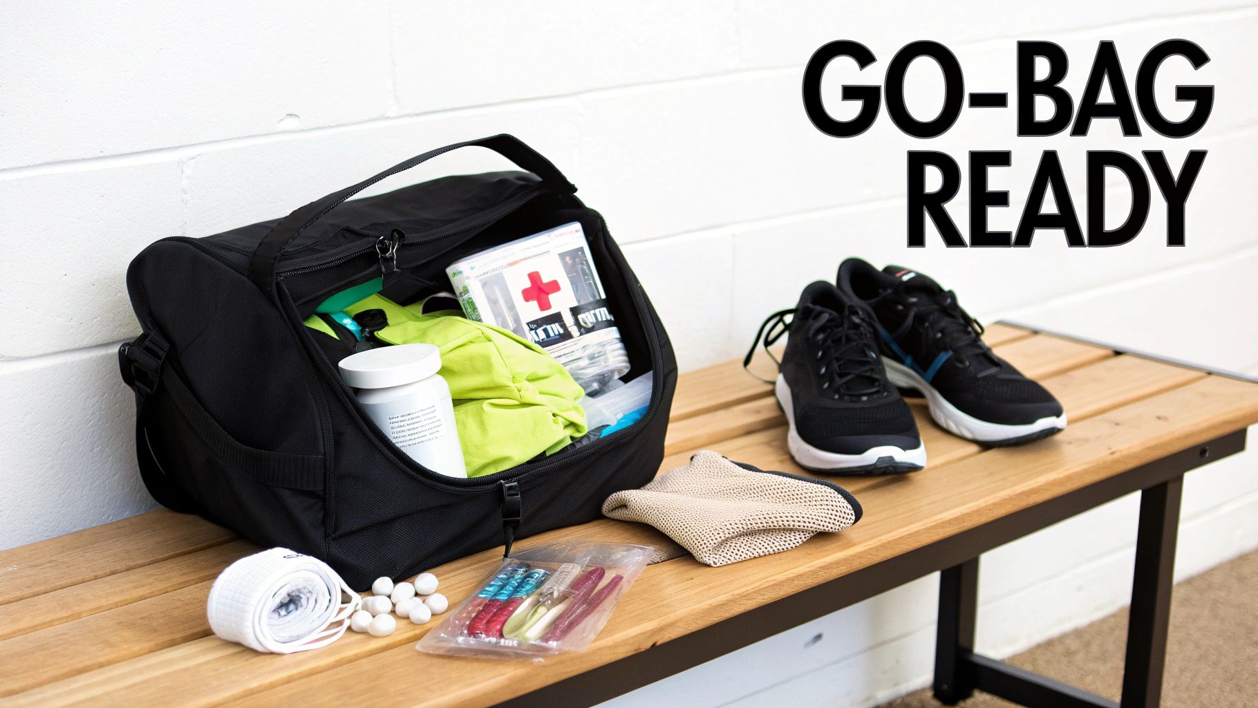 A black go-bag filled with emergency supplies and clothes sits on a wooden bench.