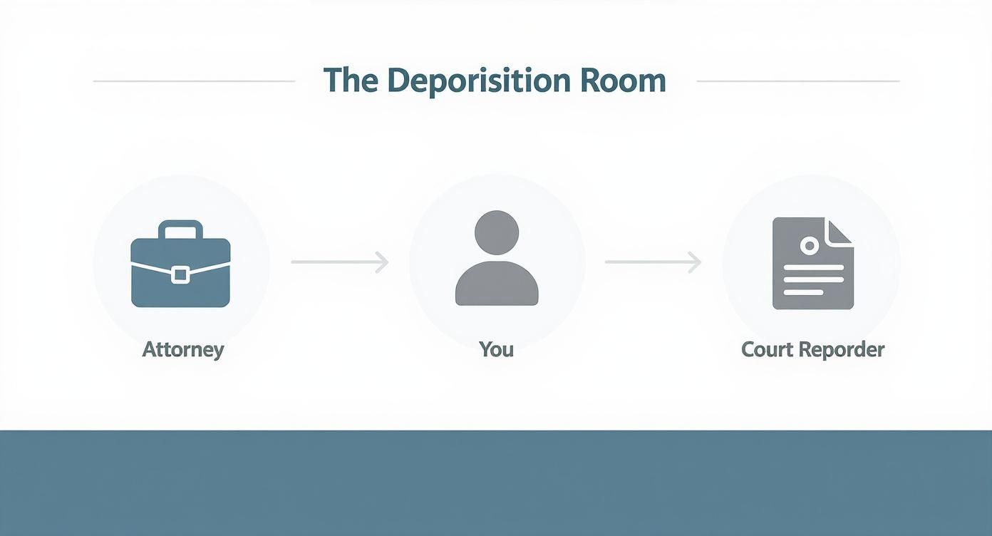 Flowchart illustrating the participants in a deposition room: Attorney, You, and Court Reporter.