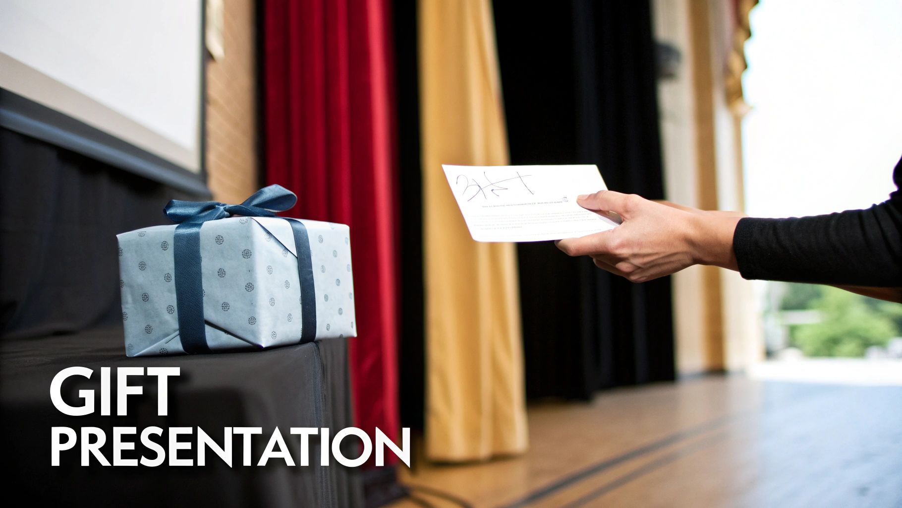 A wrapped gift with a blue ribbon sits next to a person's hands holding an award certificate.