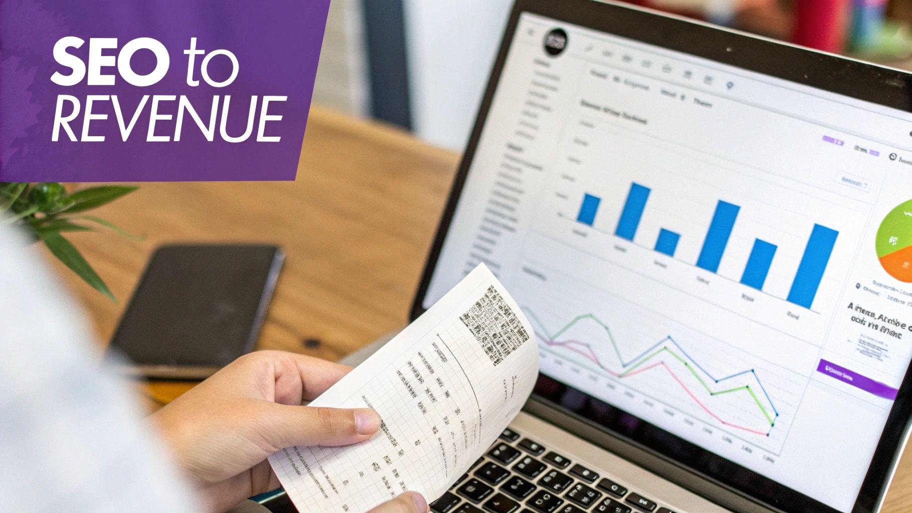 A person reviews a receipt while analyzing SEO to revenue metrics on a laptop screen.