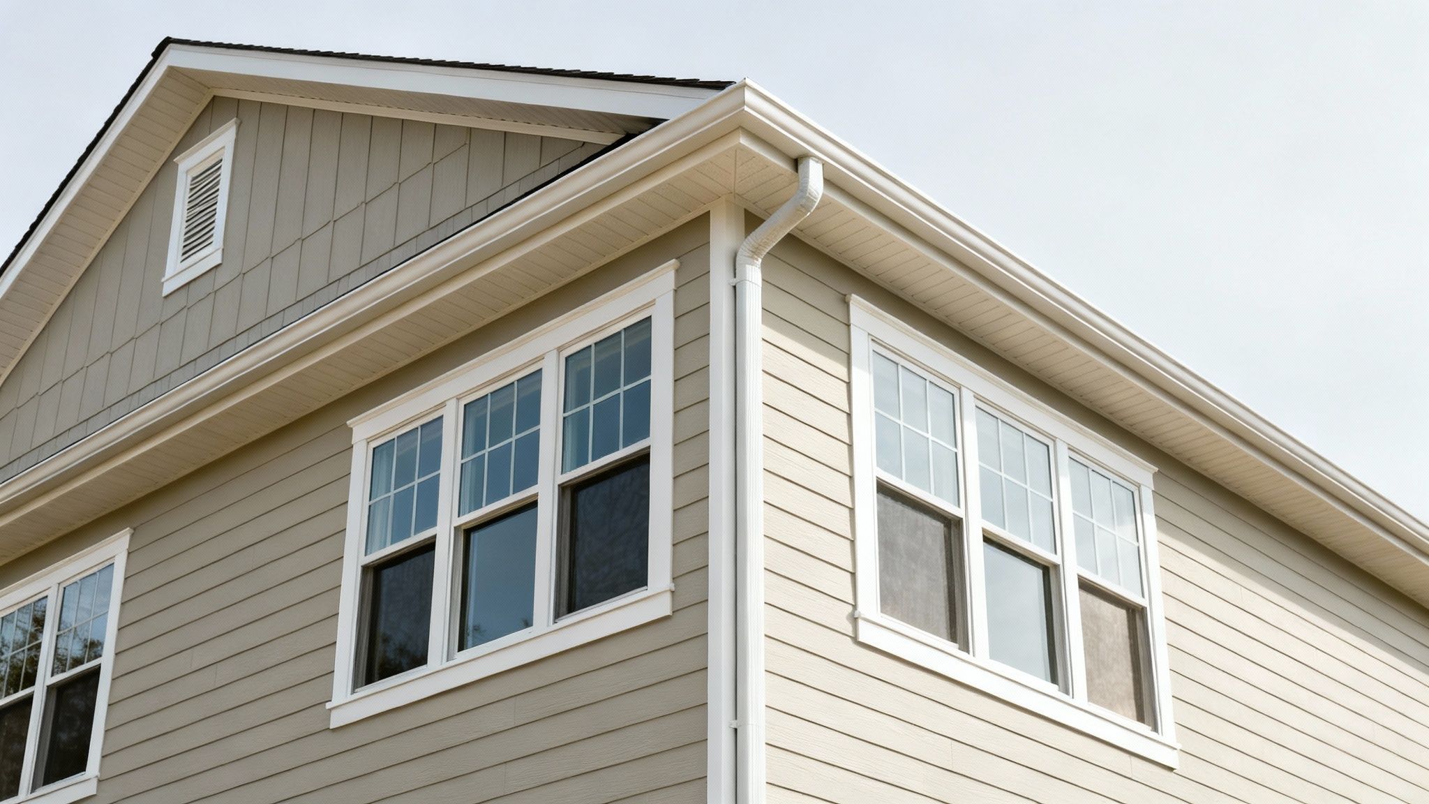 A clean, modern house exterior corner with tan siding, white windows, gutters, and a gable vent.