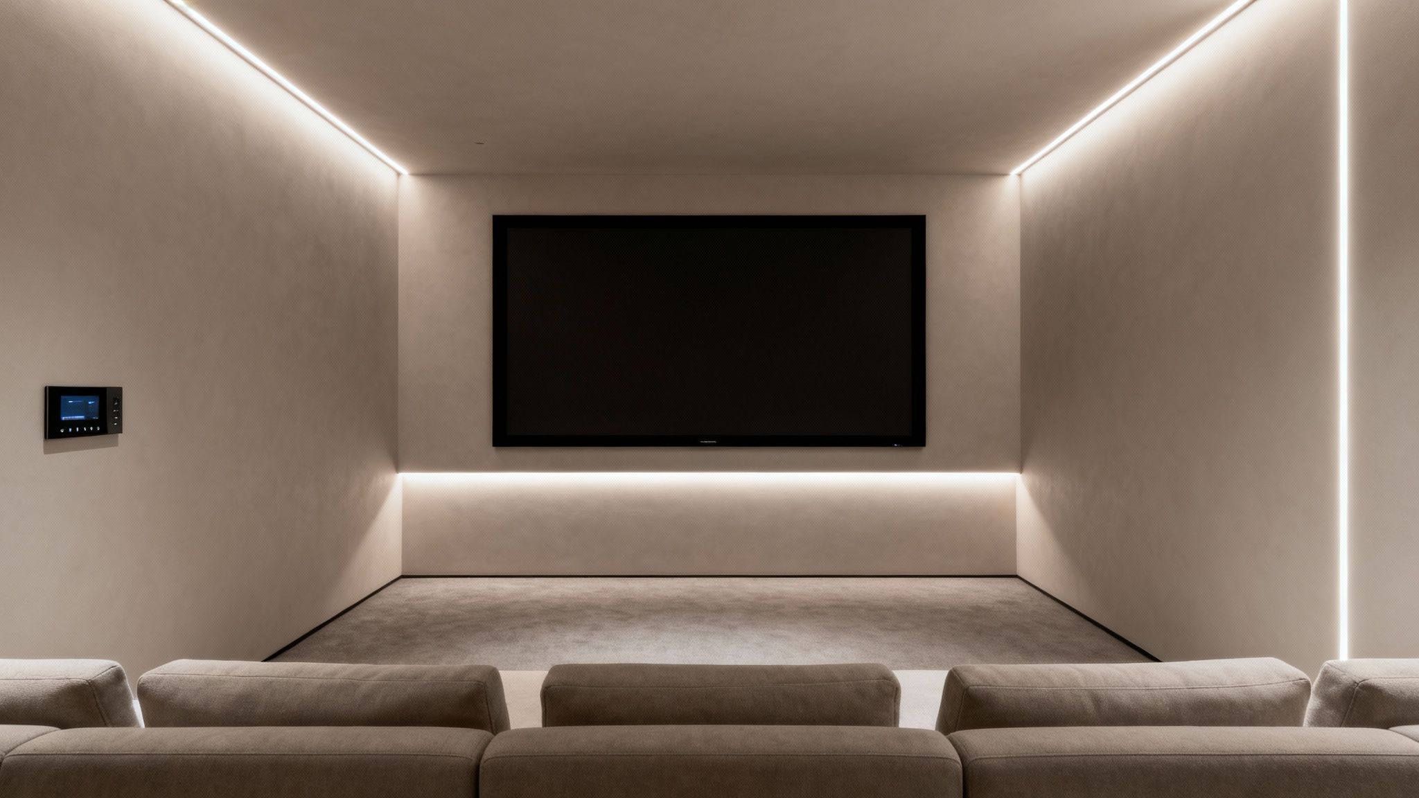 A minimalist home theater room featuring a large screen, linear LED lighting, and comfortable seating.