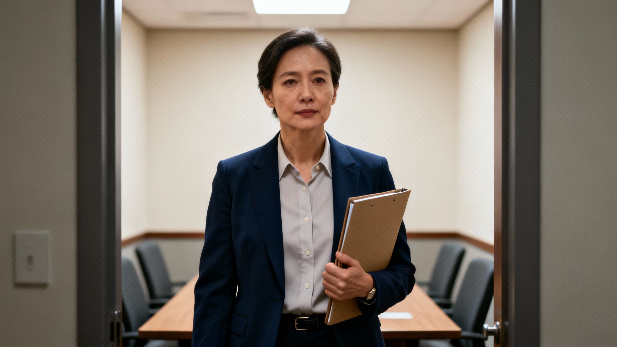 Professional Asian woman in a suit holding a clipboard, standing in a conference room doorway.