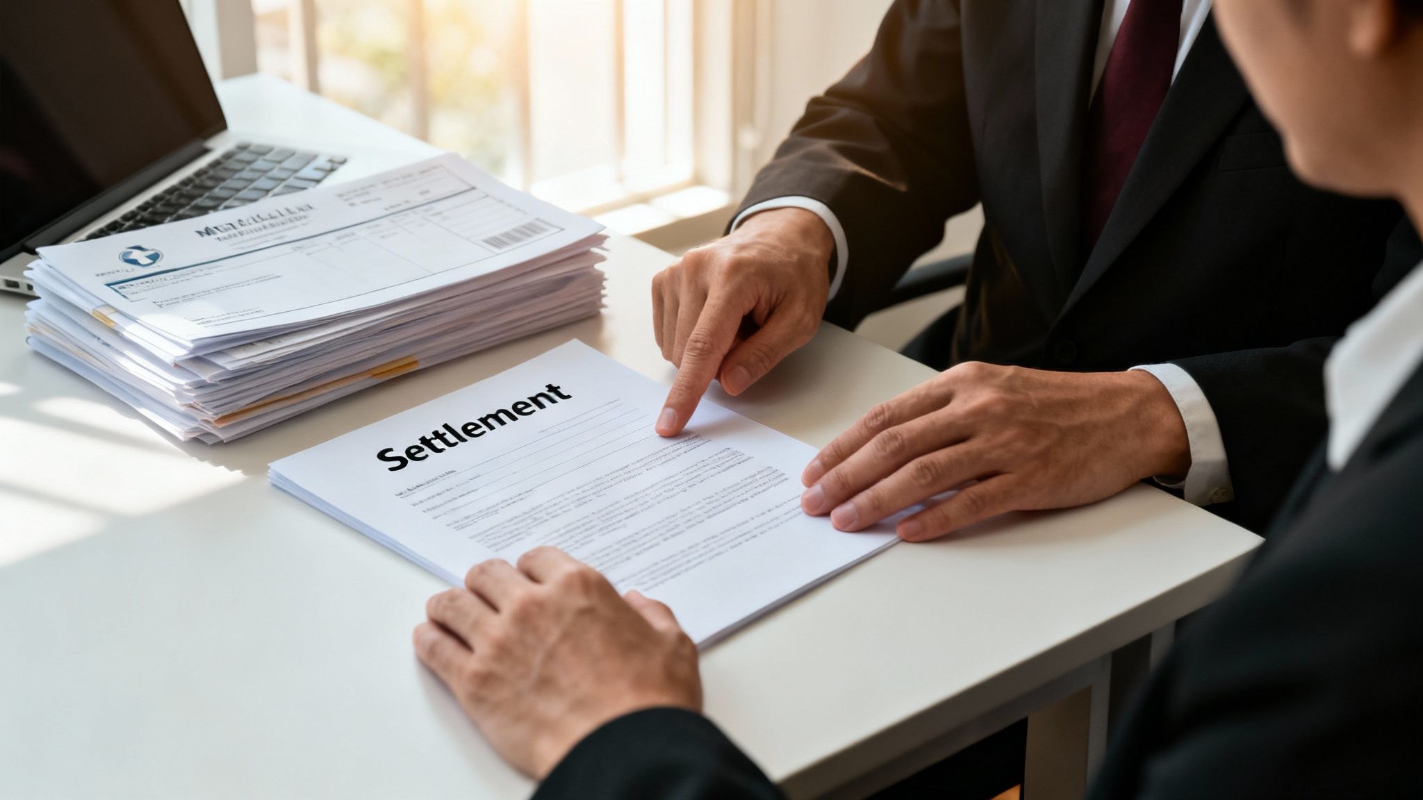 Two legal professionals review a settlement document, with one person pointing to details on the page.