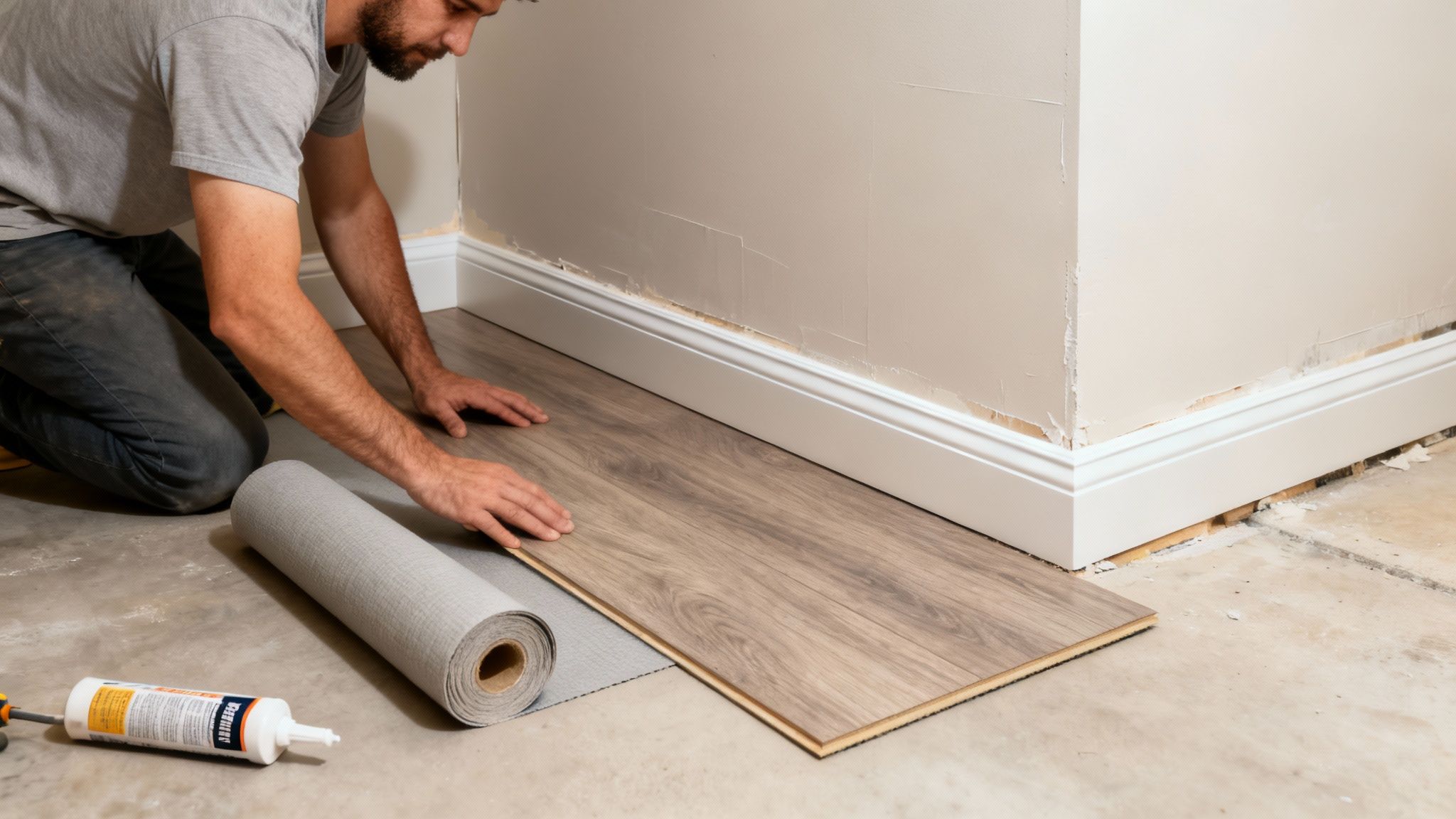 Man installing laminate wood flooring planks over underlayment during basement remodeling project