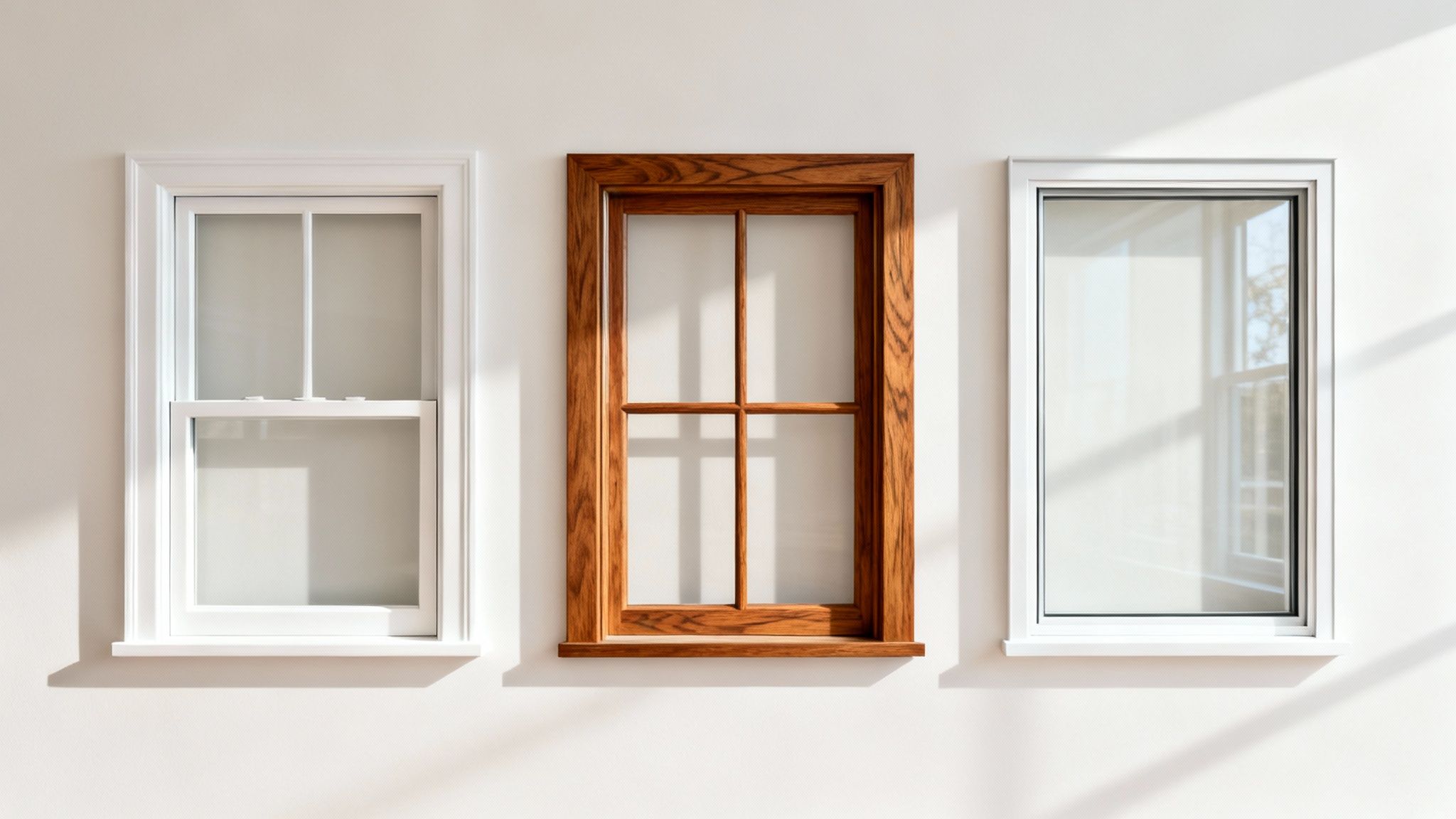 Three distinct window styles, including white, wooden, and modern white frames, on a light wall.