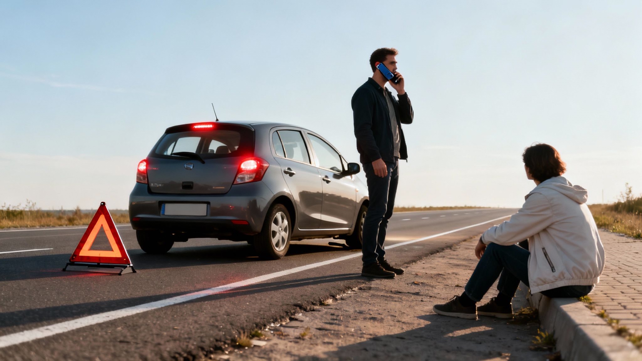 Two men calling for help with a broken-down car and warning triangle on a roadside.