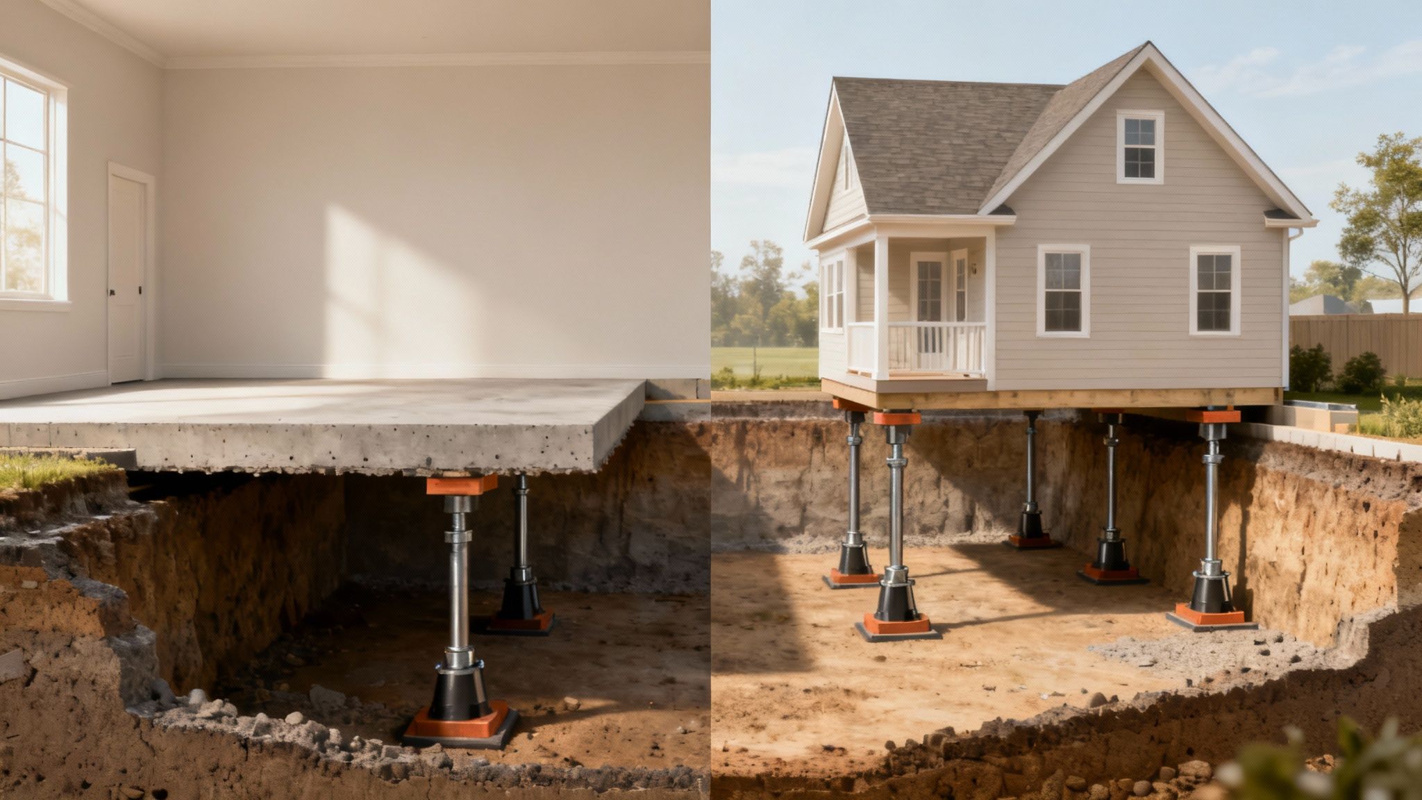 A basement undergoing renovation, showing exposed joists and a newly dug-out floor area, symbolizing the process of increasing ceiling height.