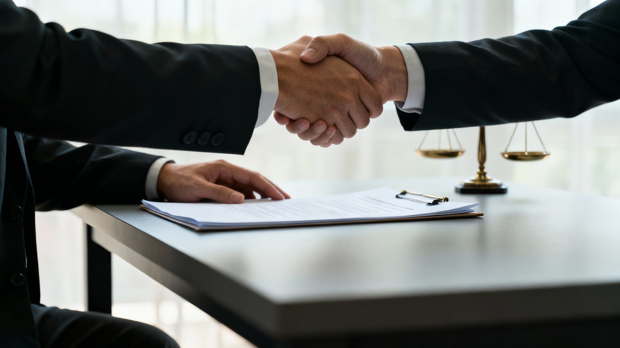 Two lawyers or businessmen shake hands, symbolizing a legal agreement or successful deal.