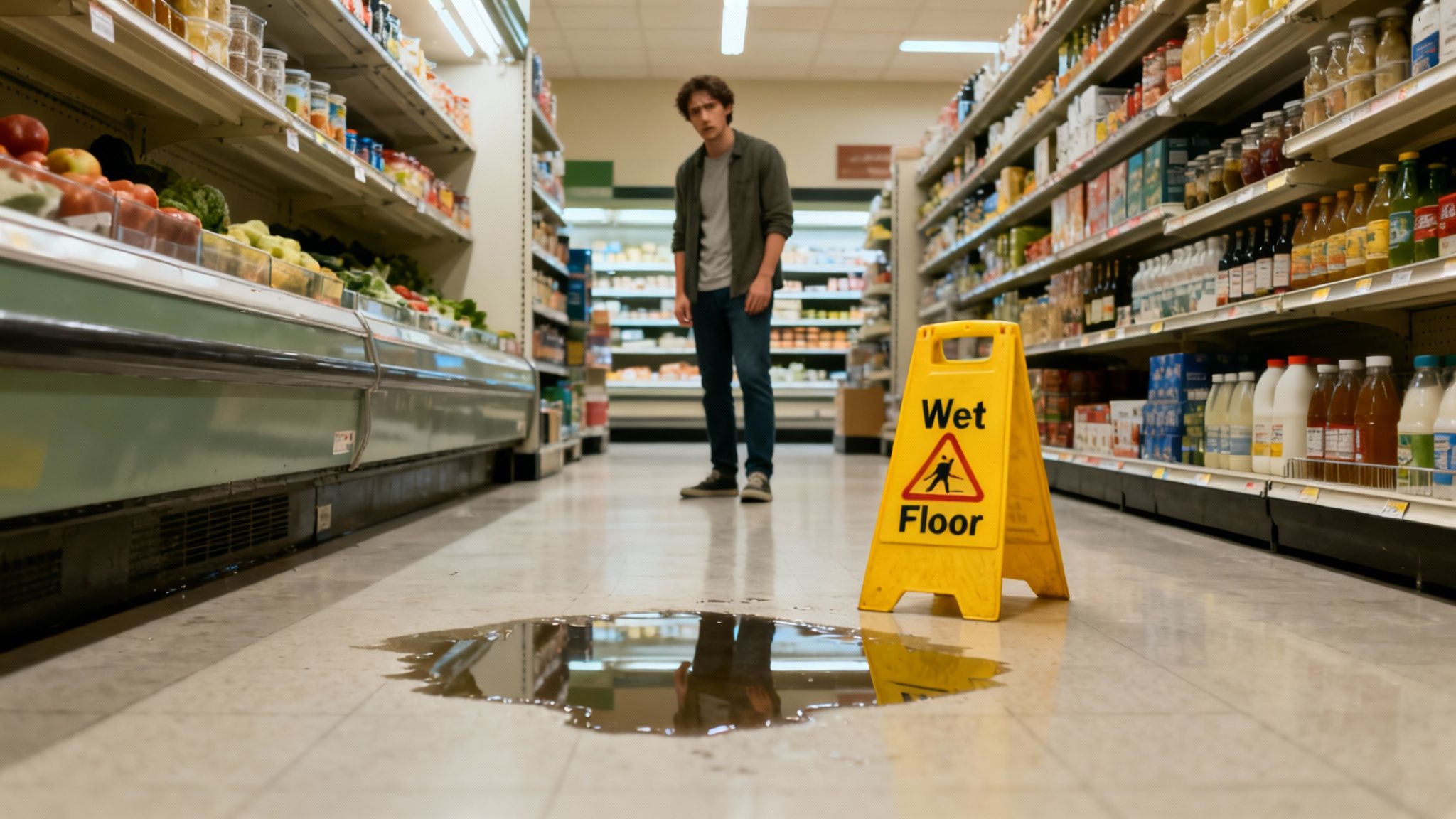 A young man looks at a puddle and a 