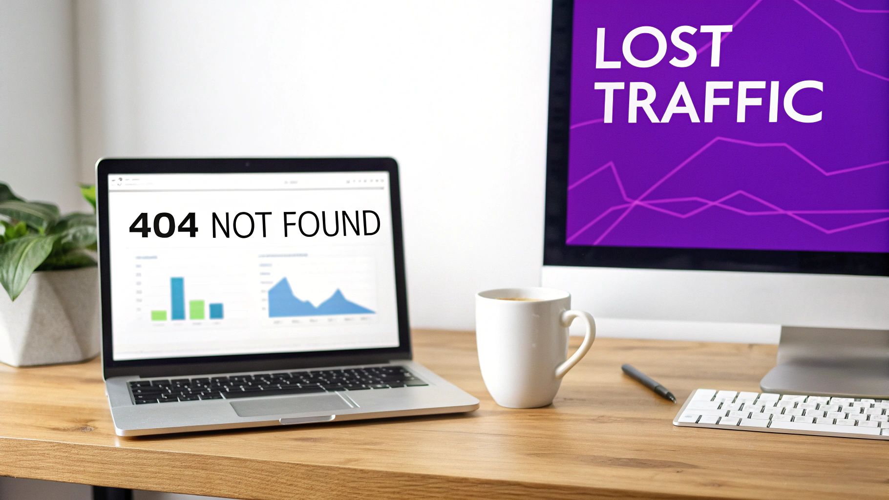 Laptop showing '404 NOT FOUND' error and data charts, with a monitor displaying 'LOST TRAFFIC'.