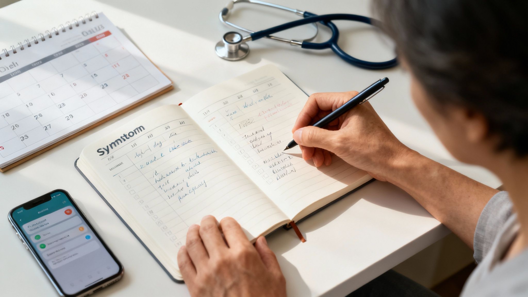 Medical professional writing symptom notes in journal with stethoscope and calendar on desk