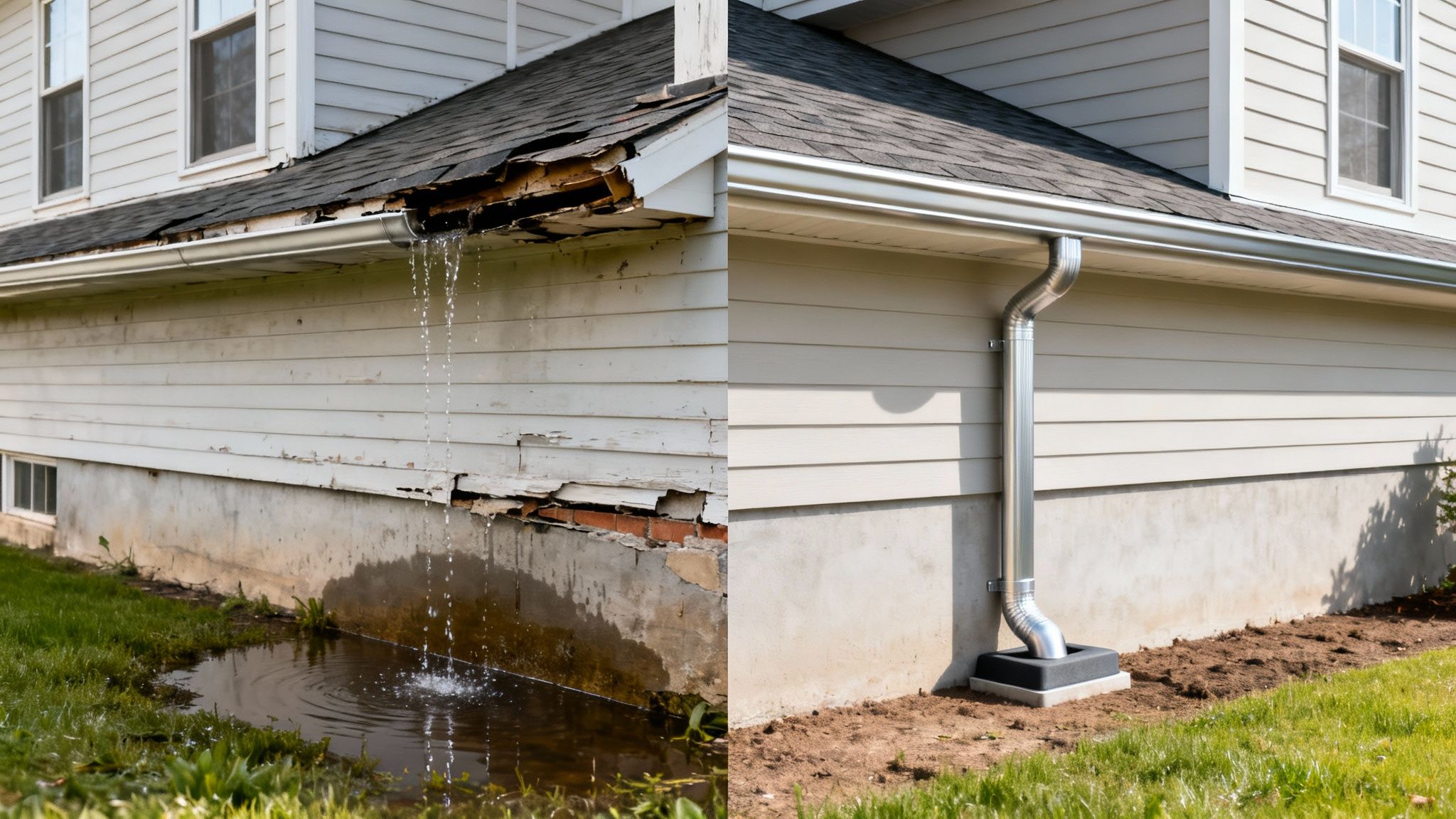 Before and after comparison of a house with severe roof and gutter damage repaired.