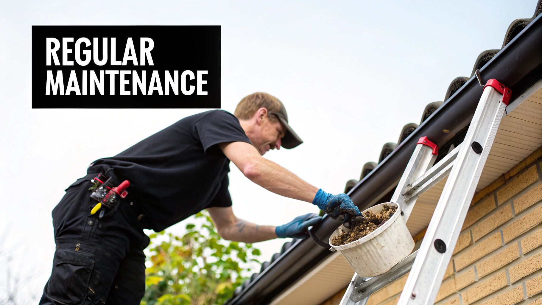 A man on a ladder wearing gloves and a cap, performing regular gutter maintenance by cleaning debris.