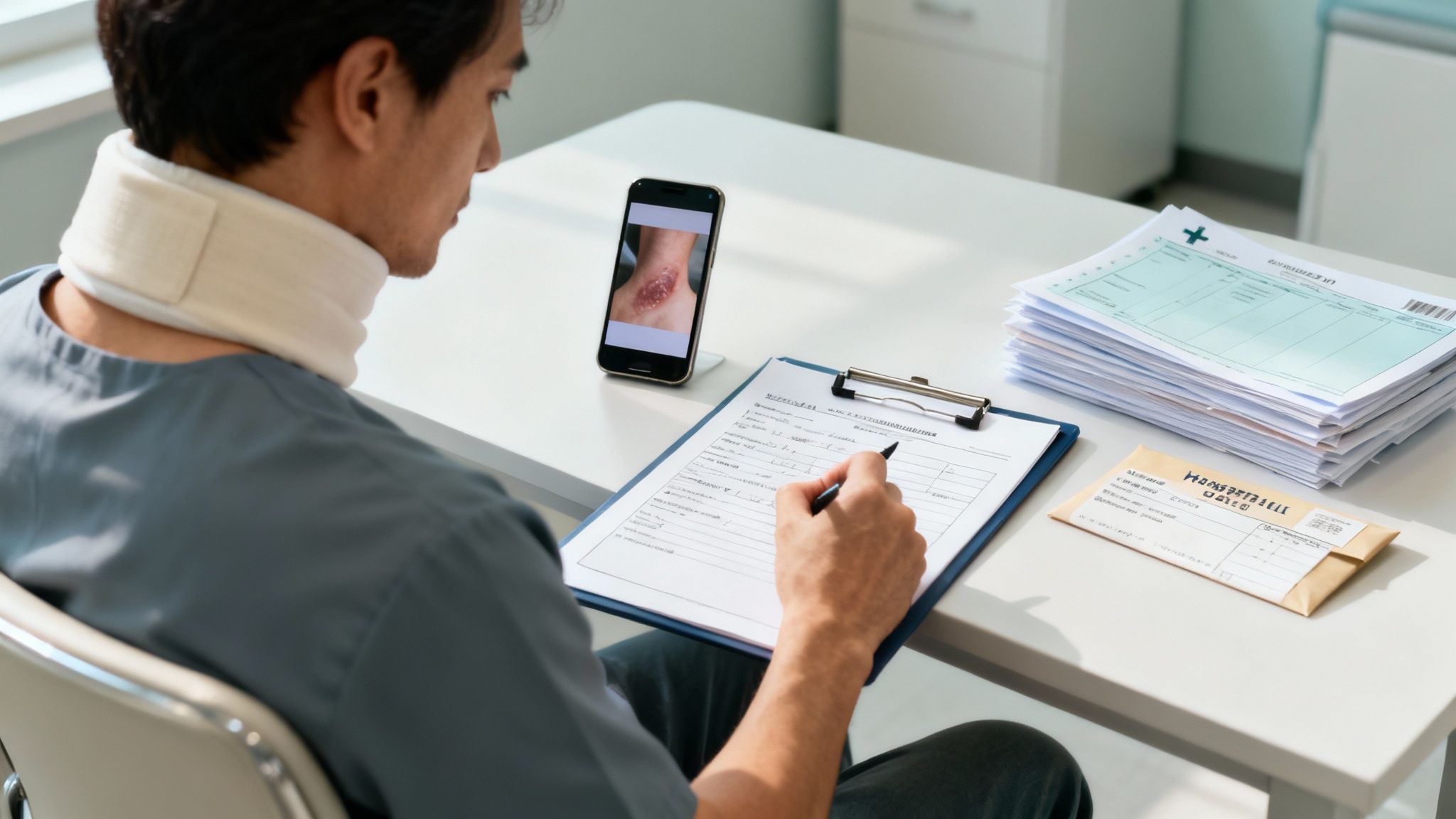 Man with neck brace fills medical forms, a phone displays a neck rash, hinting at a medical claim.