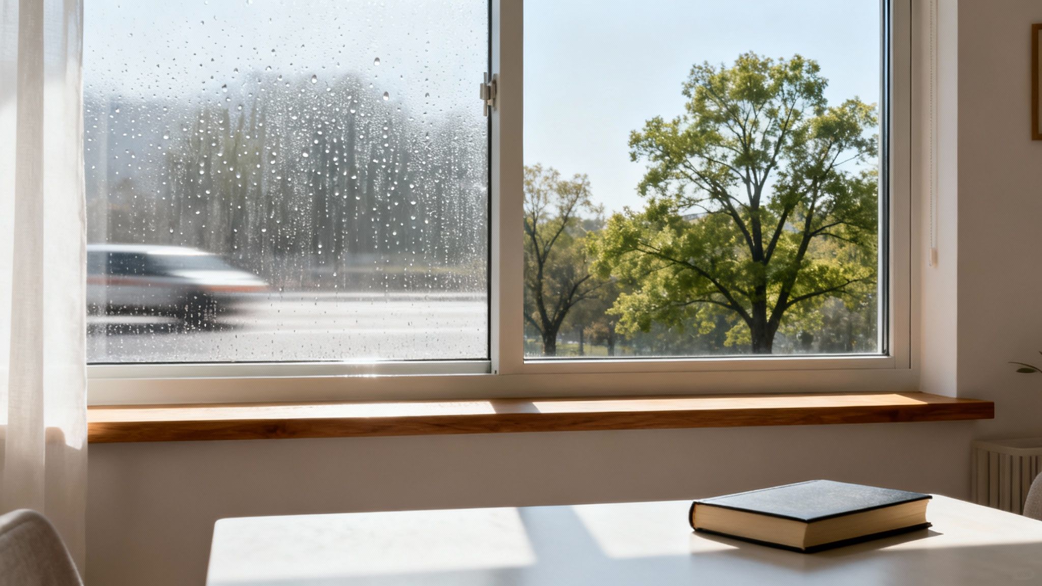 Window with raindrops on left pane, clear view of trees on right, and a book on table.