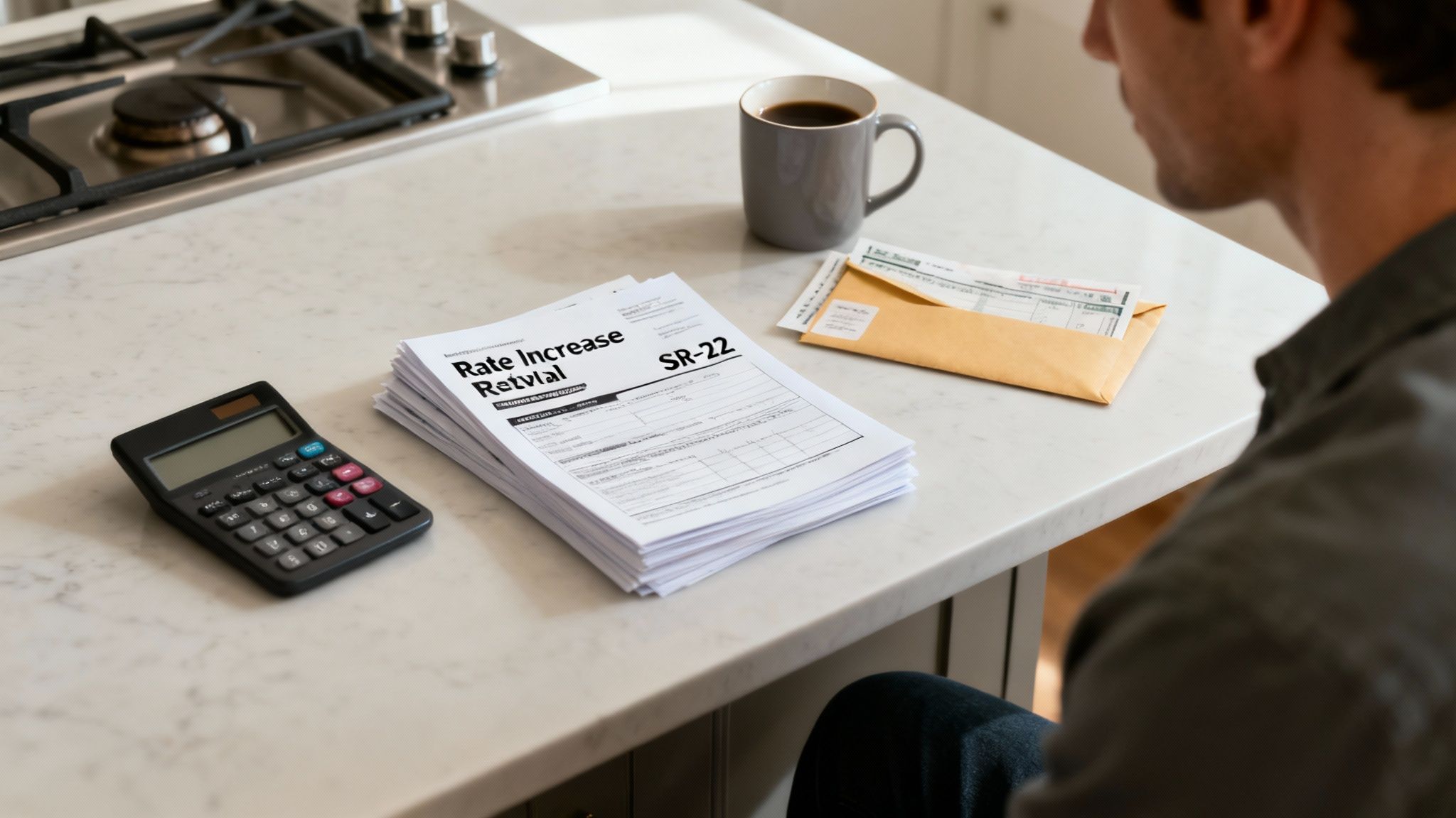 Man at counter with calculator and documents related to rate increase and SR-22.