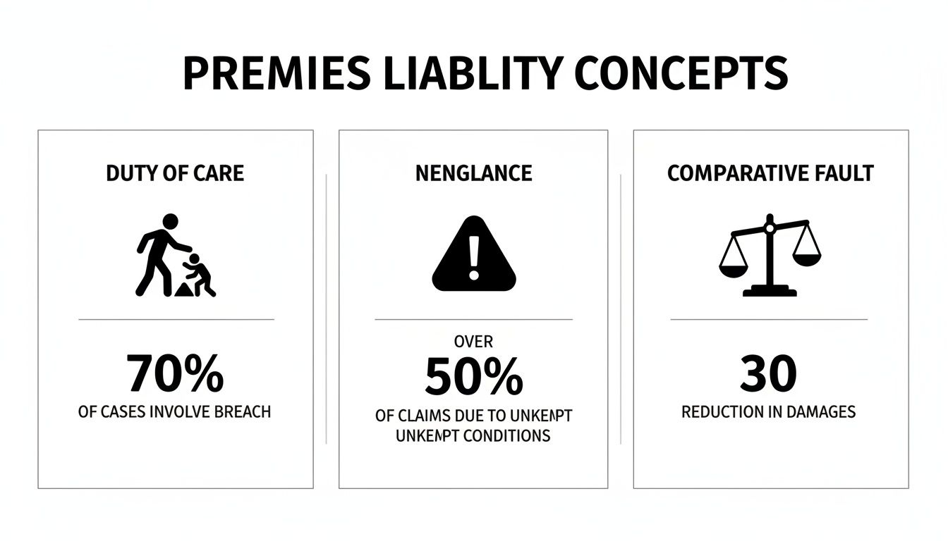Infographic illustrating premises liability concepts: duty of care, negligence, and comparative fault.