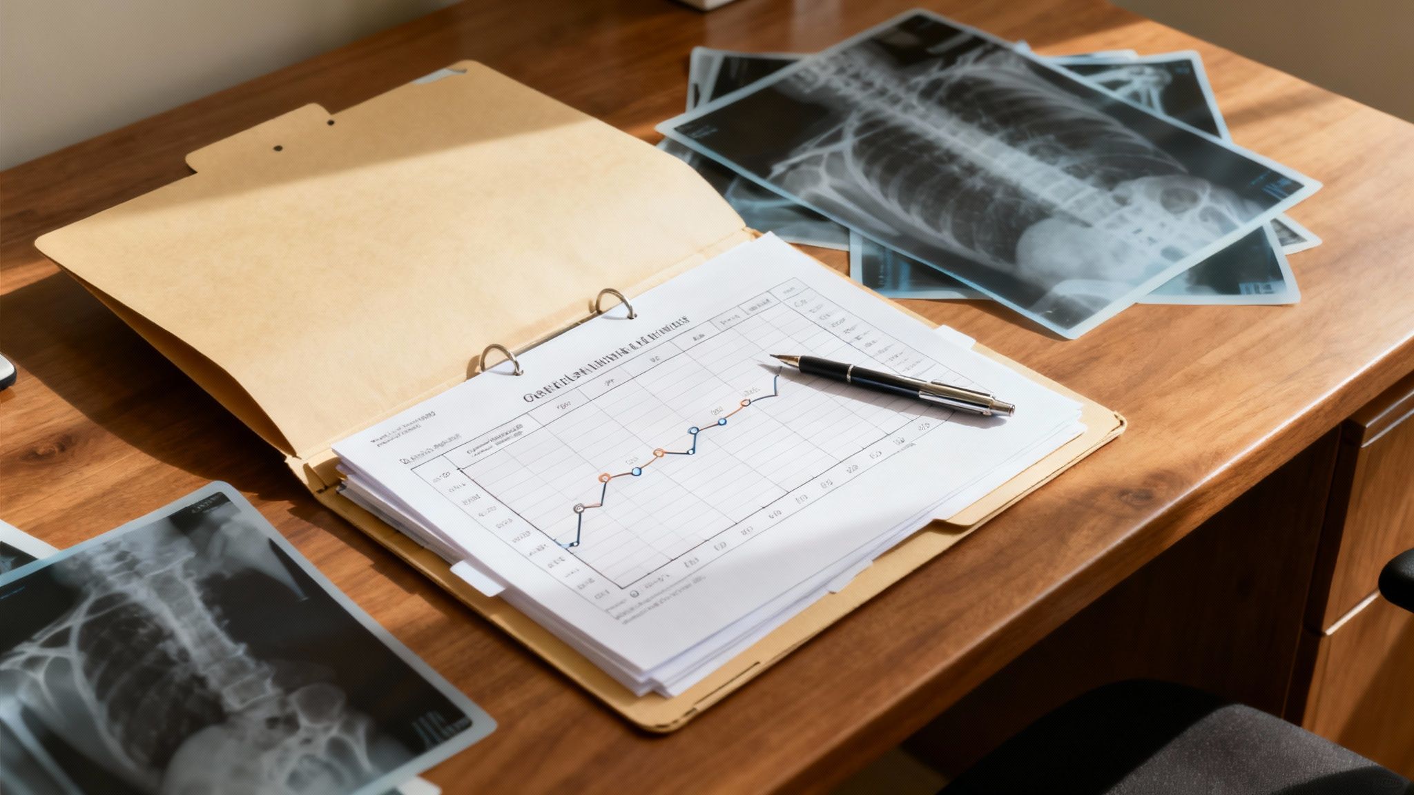 A person meticulously reviewing documents and making notes at a desk, symbolizing careful preparation for a disability hearing.