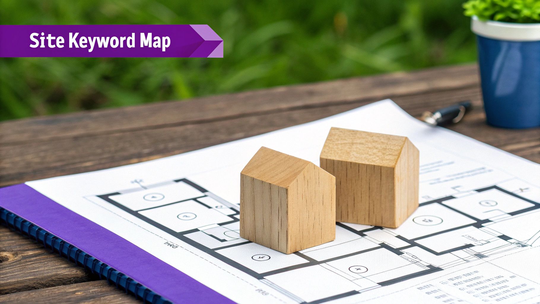 Two wooden house models on a blueprint with a 'Site Keyword Map' banner, symbolizing real estate planning.