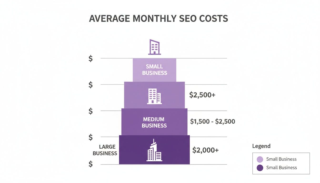 Bar chart displaying average monthly SEO costs across small, medium, and large businesses.