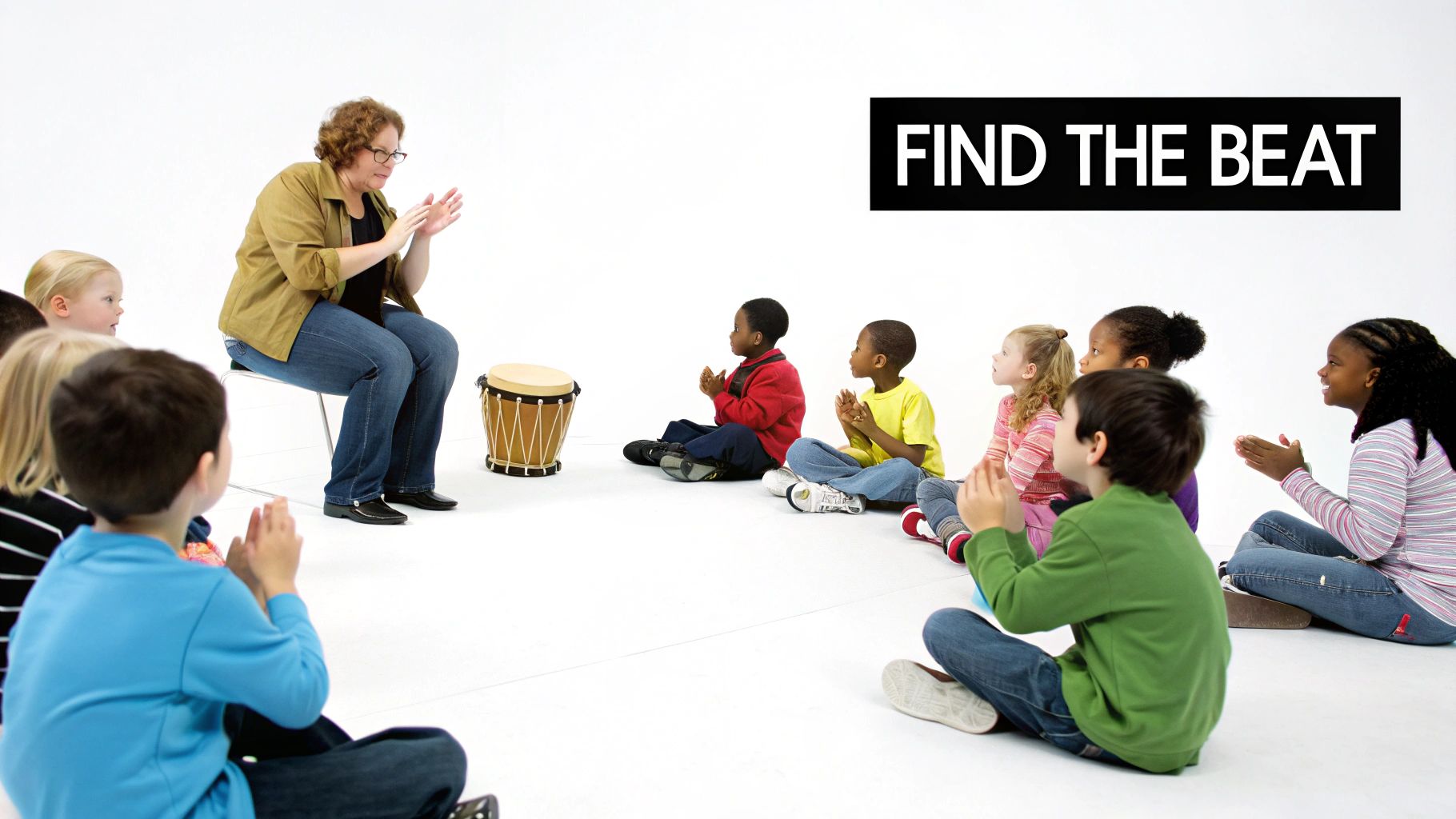 An adult claps hands while leading a group of preschoolers in a music activity with a drum.