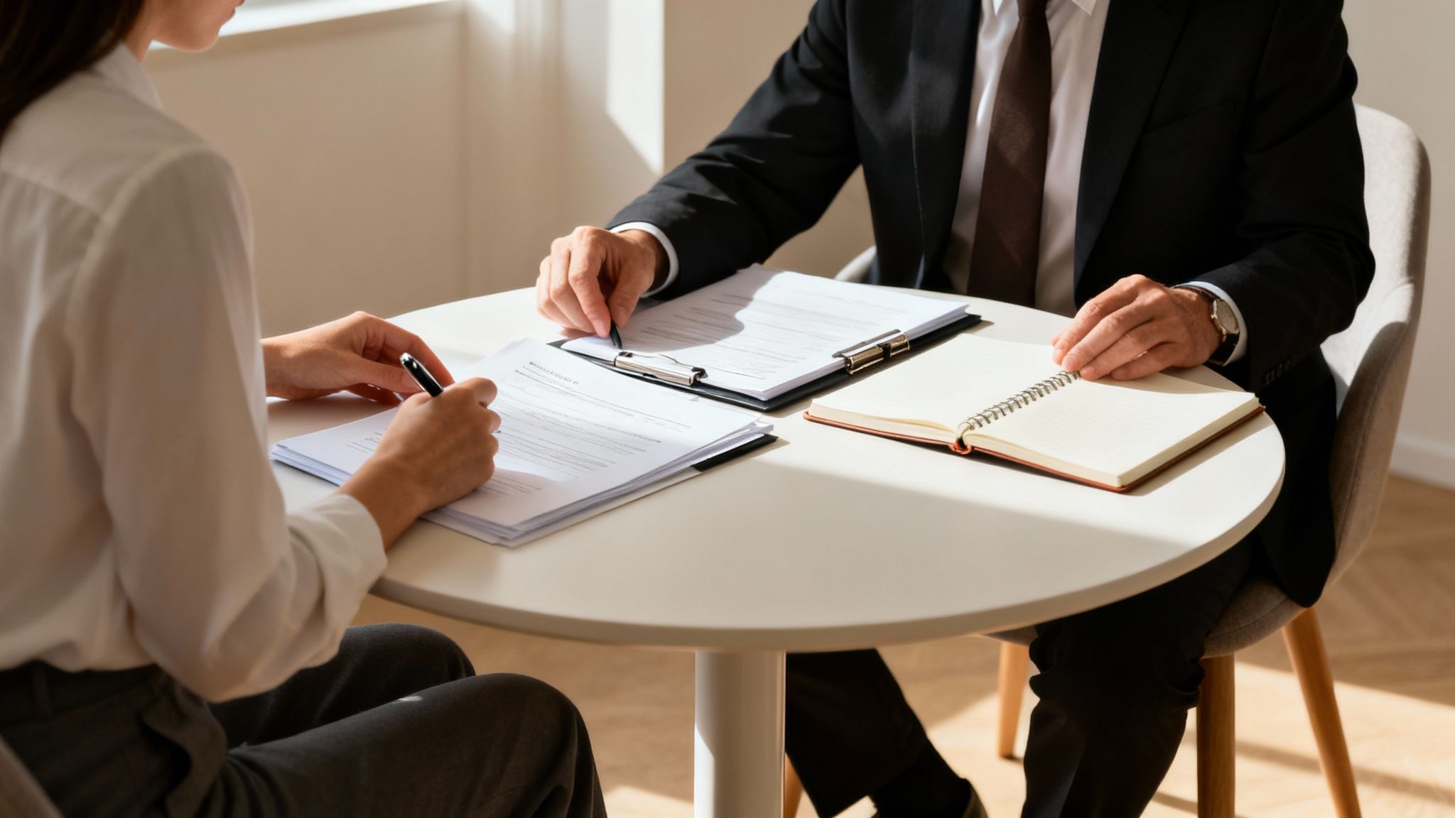 Close-up of a woman signing legal documents at a table while a man in a suit watches.