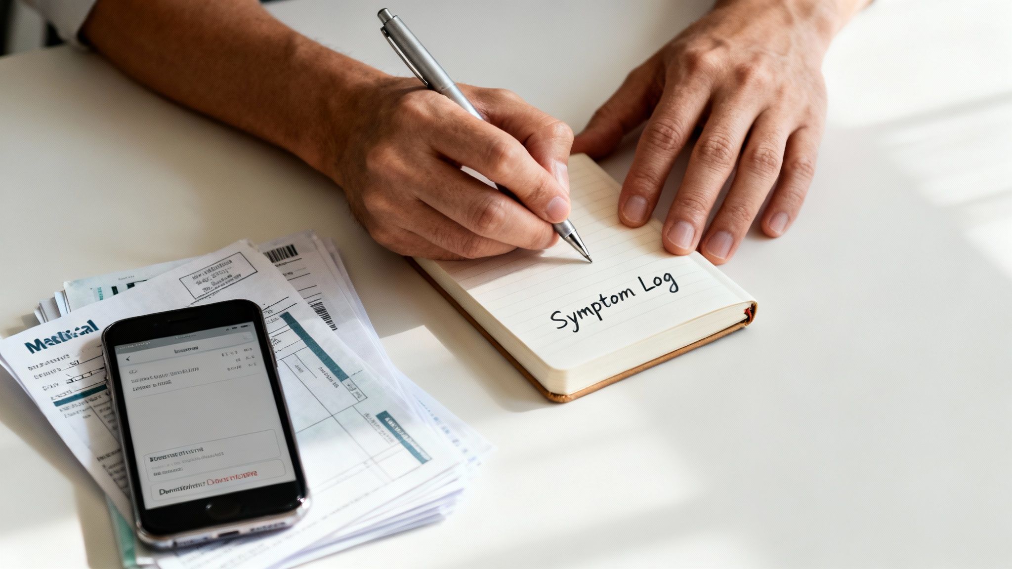 Close-up of a person writing 'Symptom Log' in a notebook, with medical bills and a phone nearby.