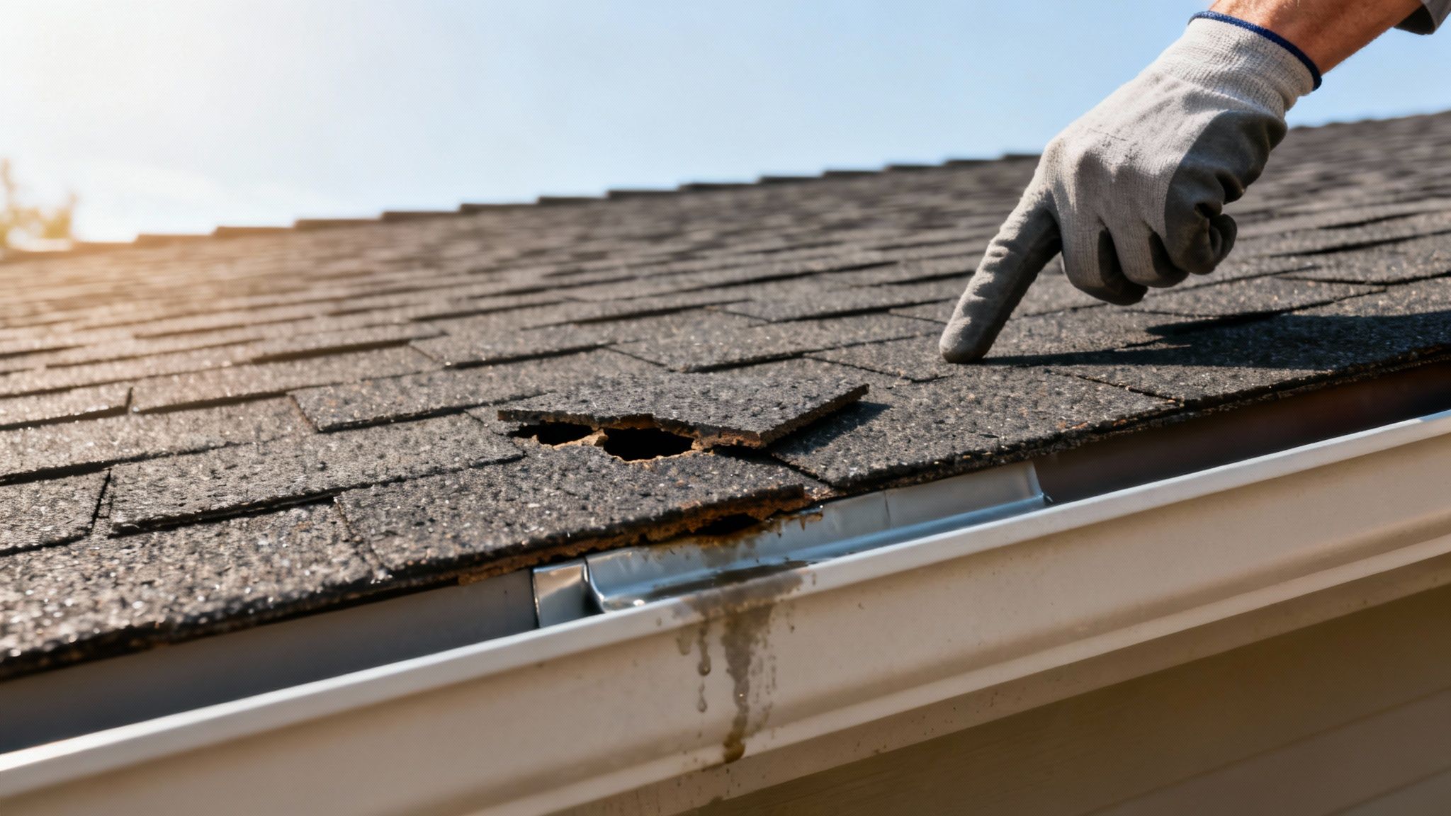 A gloved hand points to a large hole in a dark shingle roof, indicating damage.