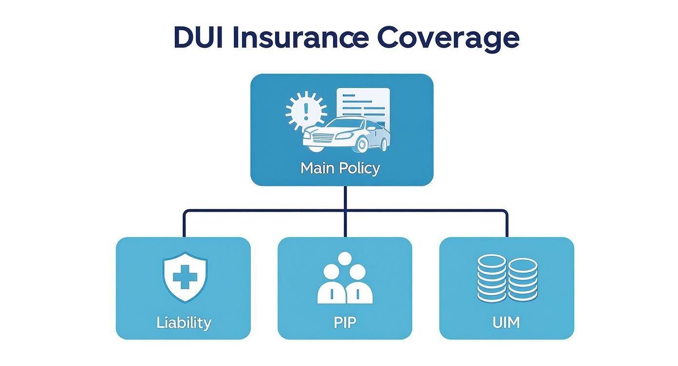 A flowchart titled 'DUI Insurance Coverage' showing Main Policy branching to Liability, PIP, and UIM.