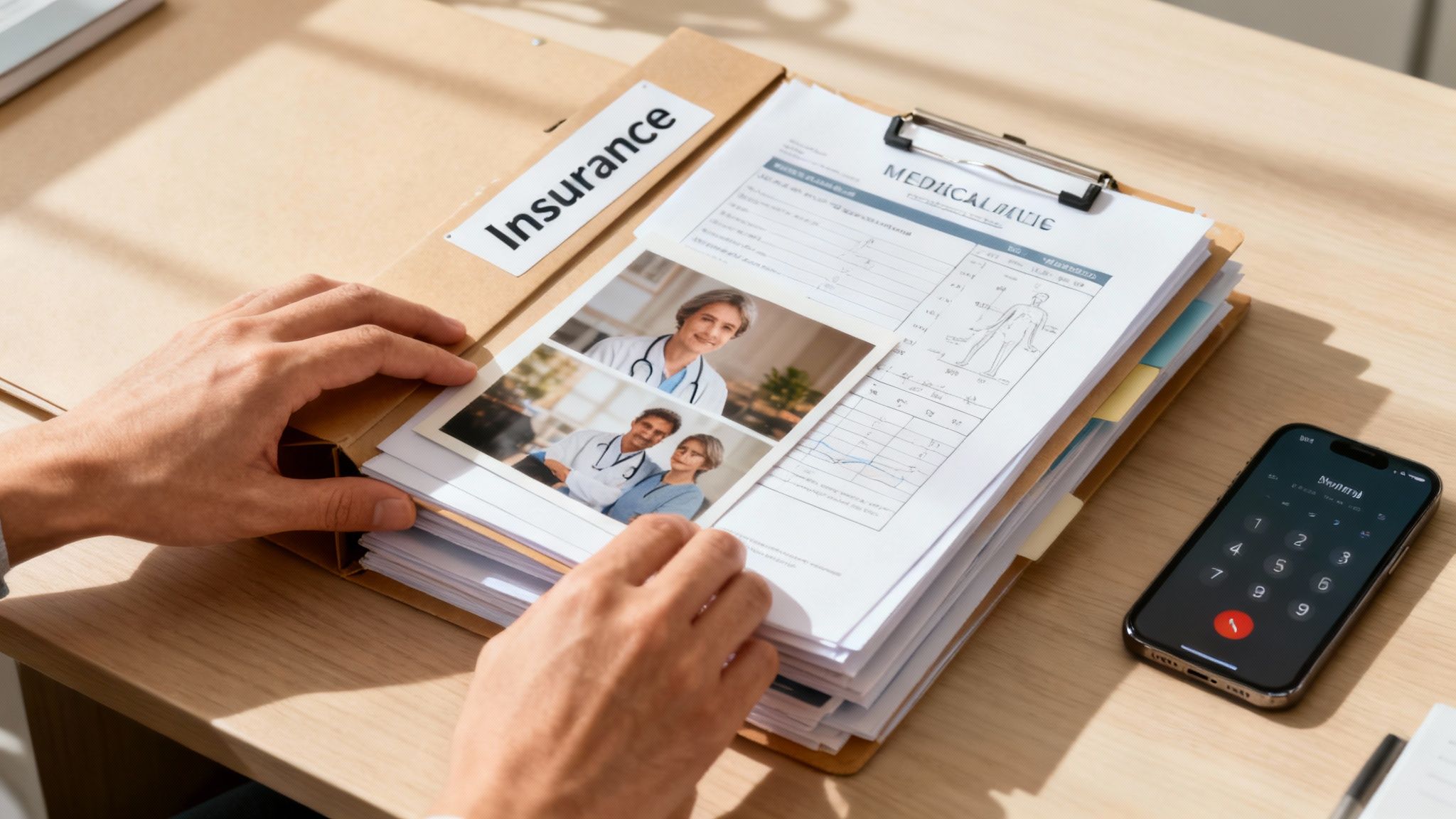 Hands organizing medical insurance documents and photos of healthcare professionals on a wooden desk.