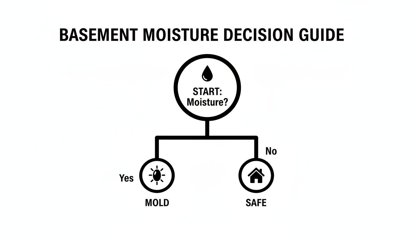 A basement moisture decision guide flowchart showing moisture leads to mold, no moisture means safe.