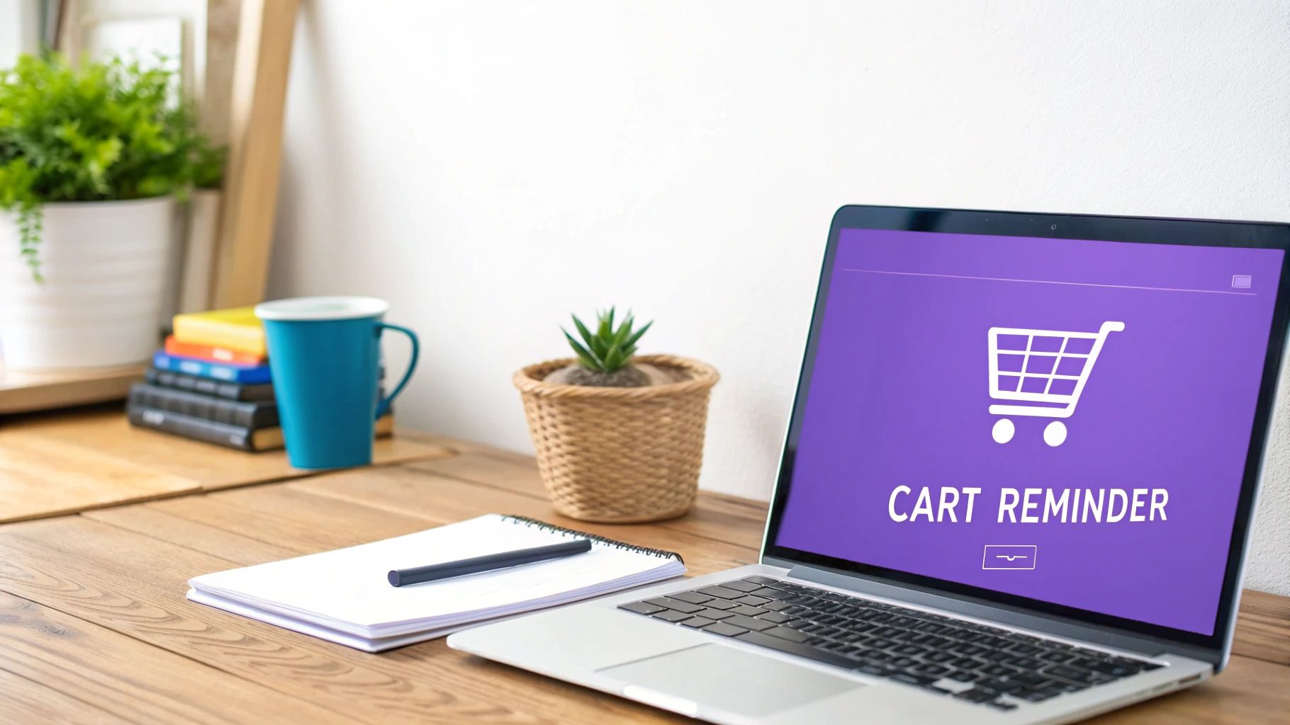 A laptop on a wooden desk displays a "Cart Reminder" on a purple screen with a shopping cart icon.