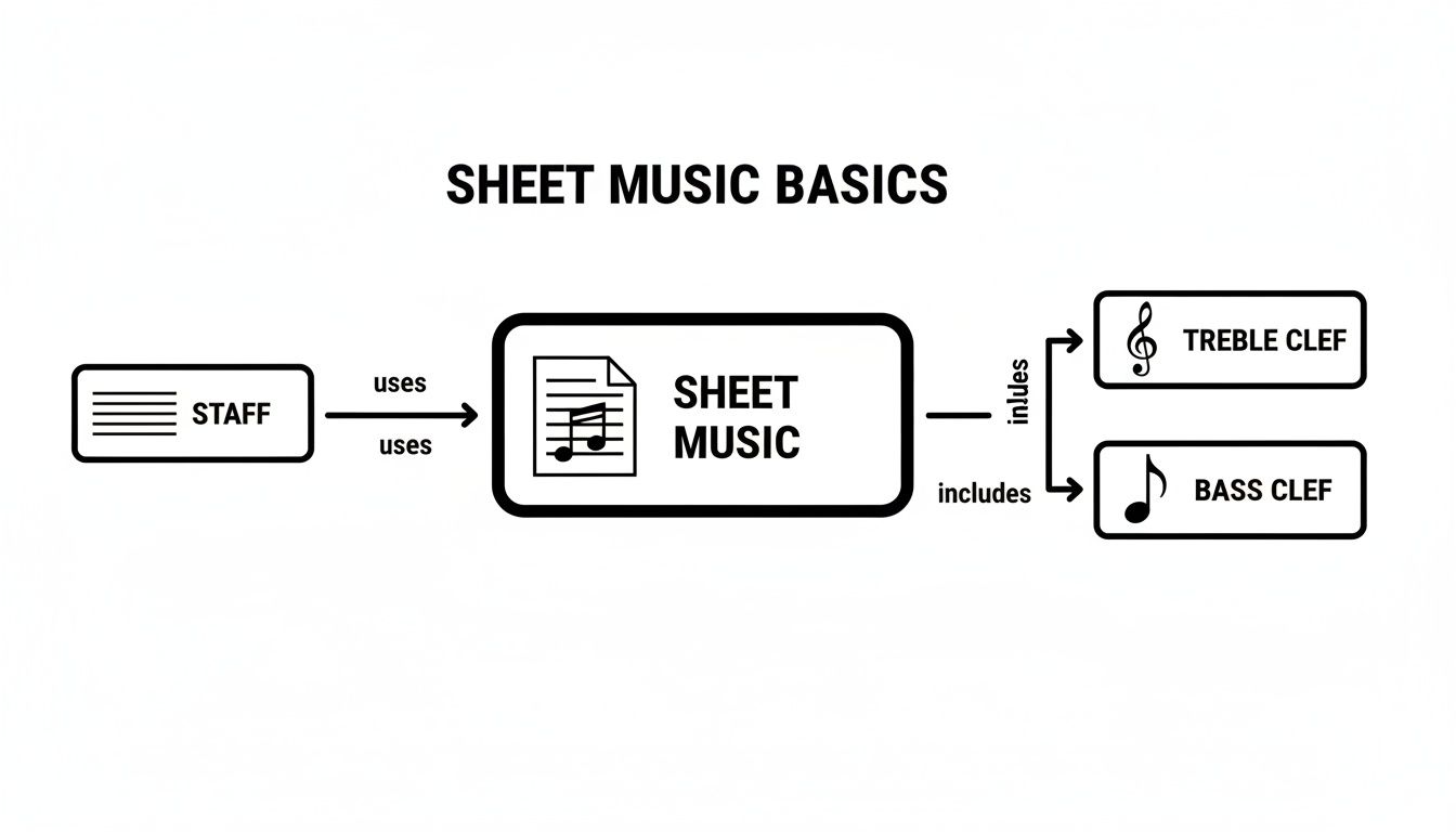 A flowchart titled 'SHEET MUSIC BASICS' illustrates that sheet music uses staff and includes treble and bass clefs.