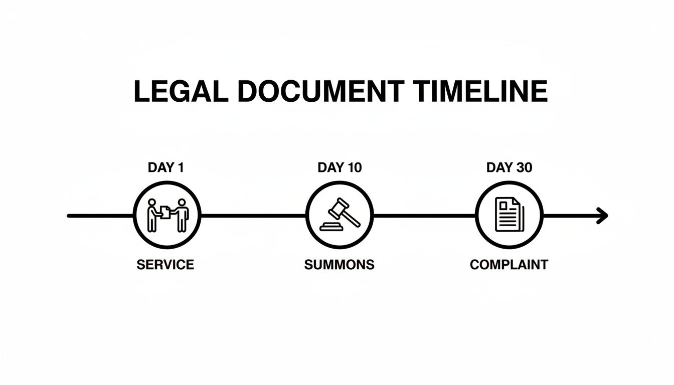 A legal document timeline illustrating service on day 1, summons on day 10, and complaint on day 30.