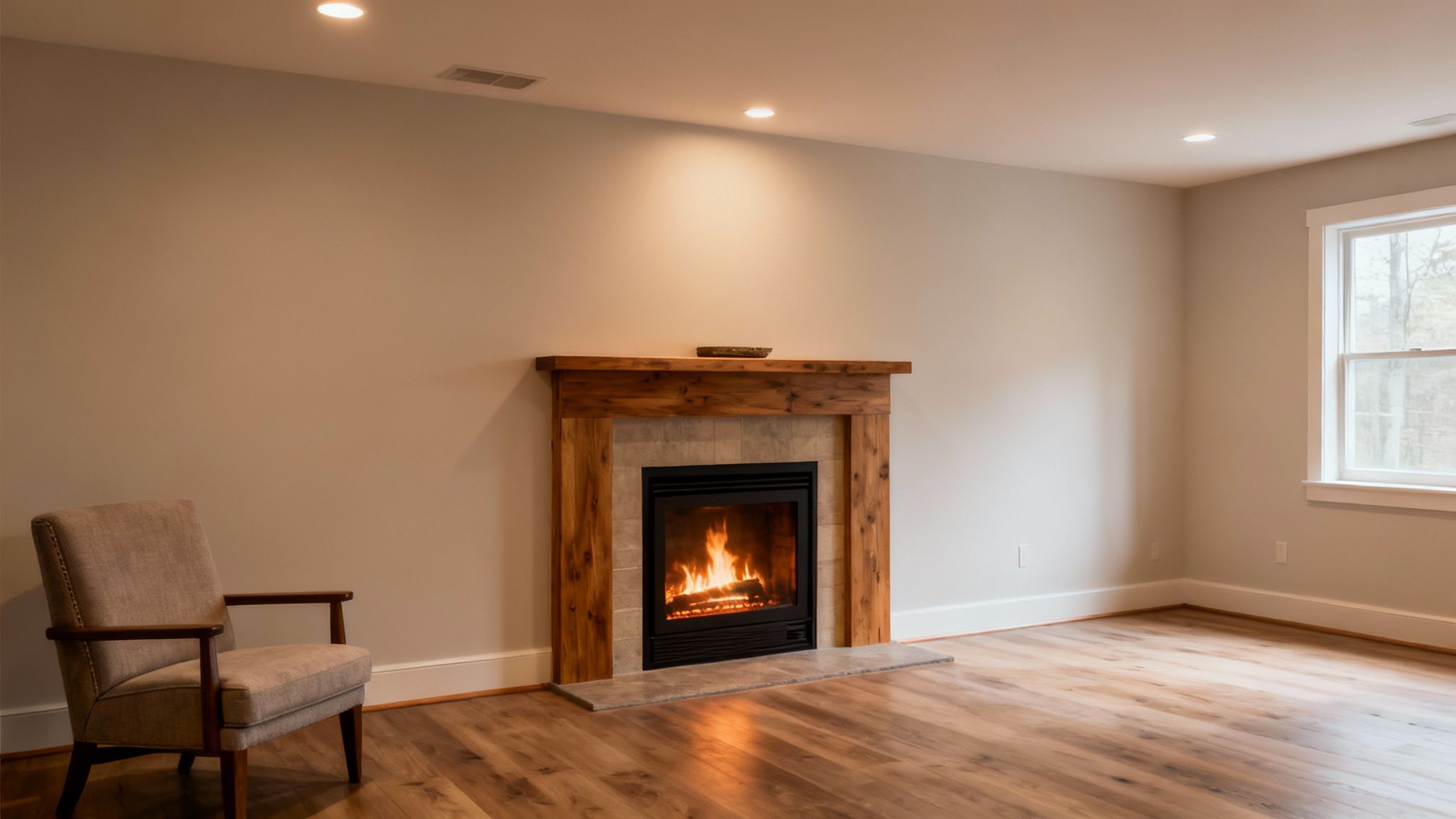 A beautifully designed cozy basement living room featuring a warm fireplace and an armchair.